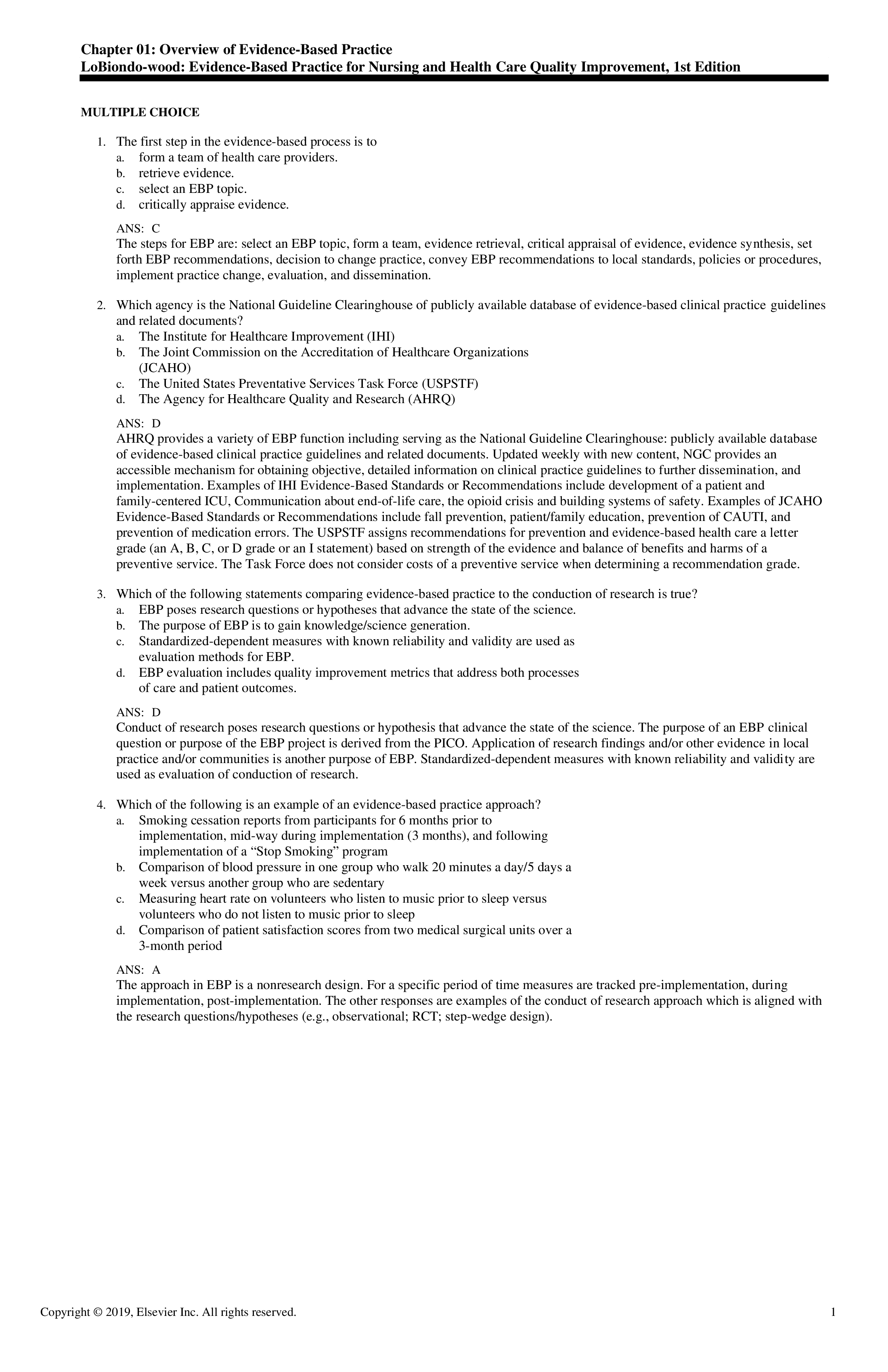 Test Bank for Evidence Based Practice for Nursing and Healthcare Quality Improvement 1st Edition by LoBion