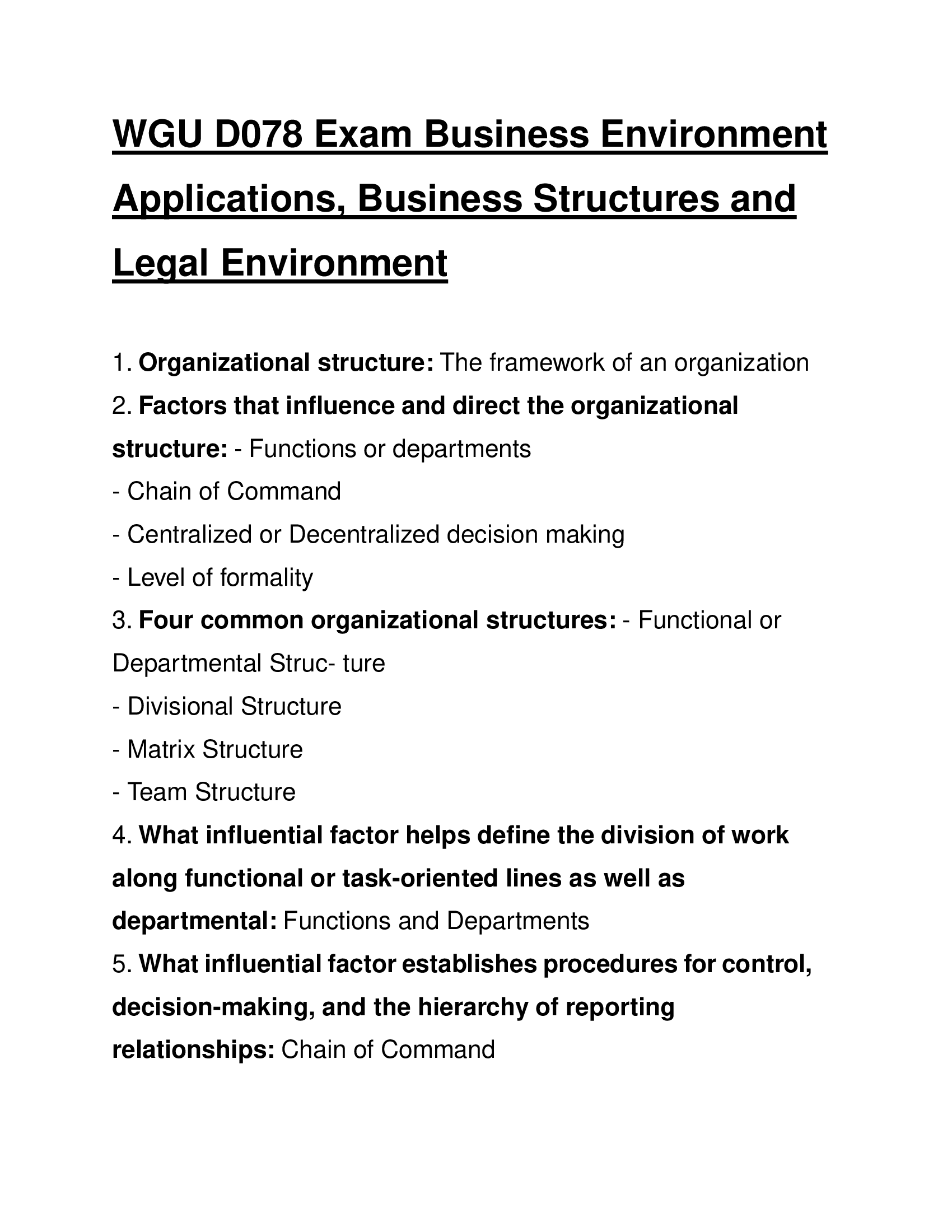 WGU D078 Exam Business Environment Applications,  Business Structures and Legal Environment