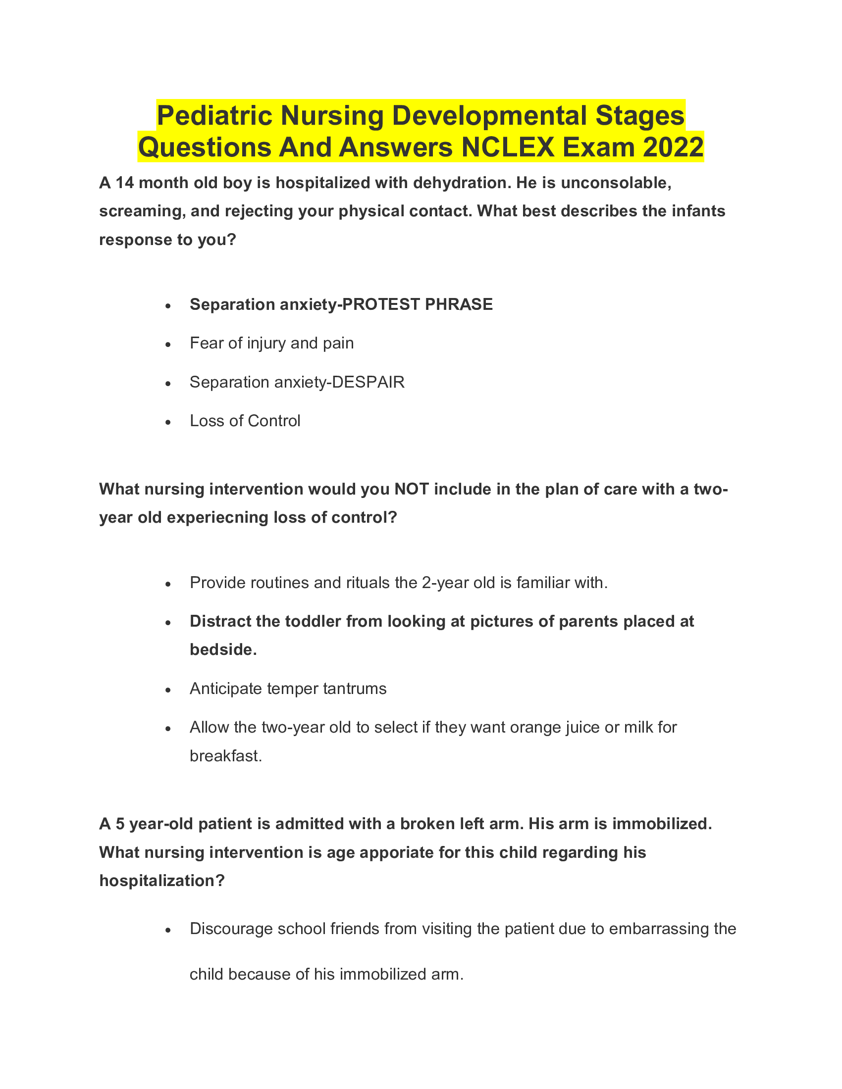 Pediatric Nursing Developmental Stages Questions And Answers NCLEX Exam 2022