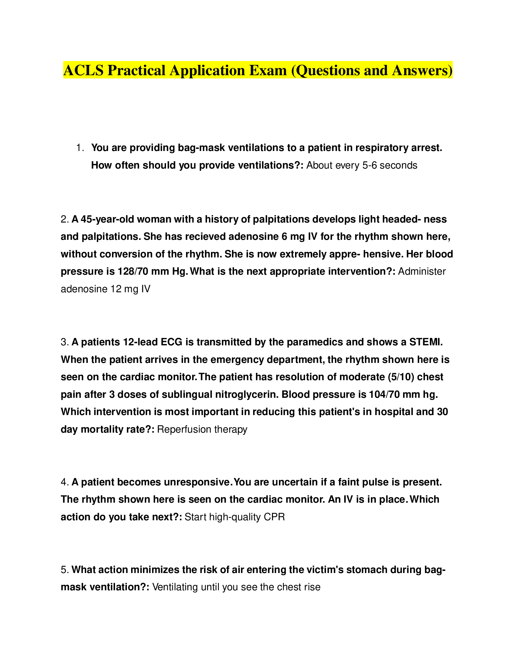 ACLS Practical Application Exam (Questions and Answers) 2022