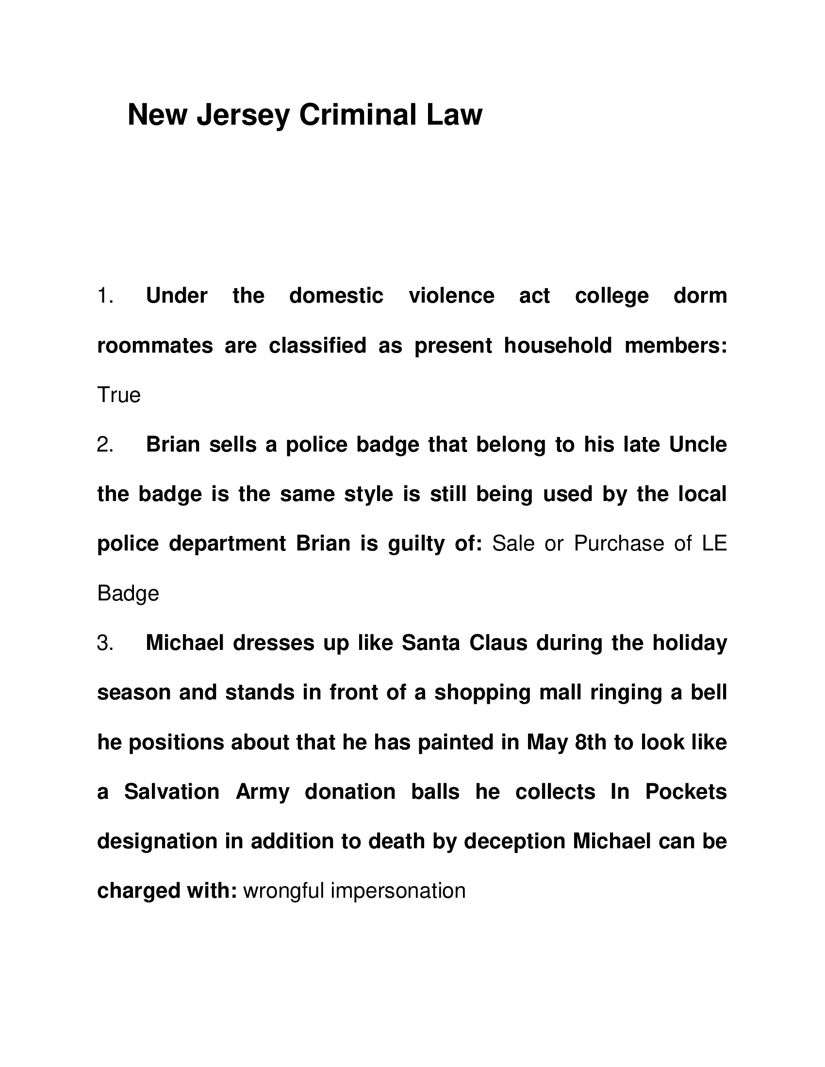 New Jersey Criminal Law Final Exam 2023 Answered