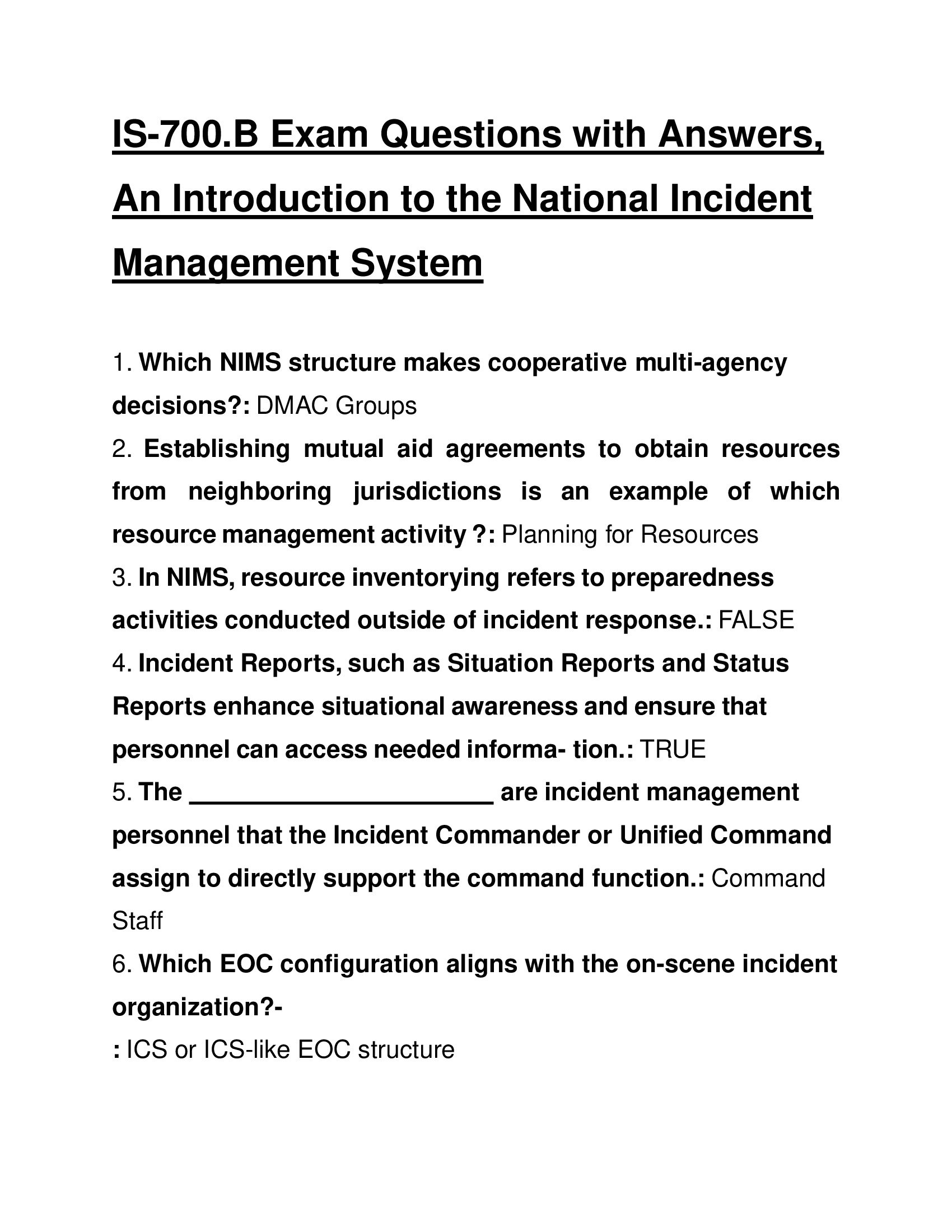 IS-700.B Exam Questions with Answers, An Introduction to the National Incident Management System