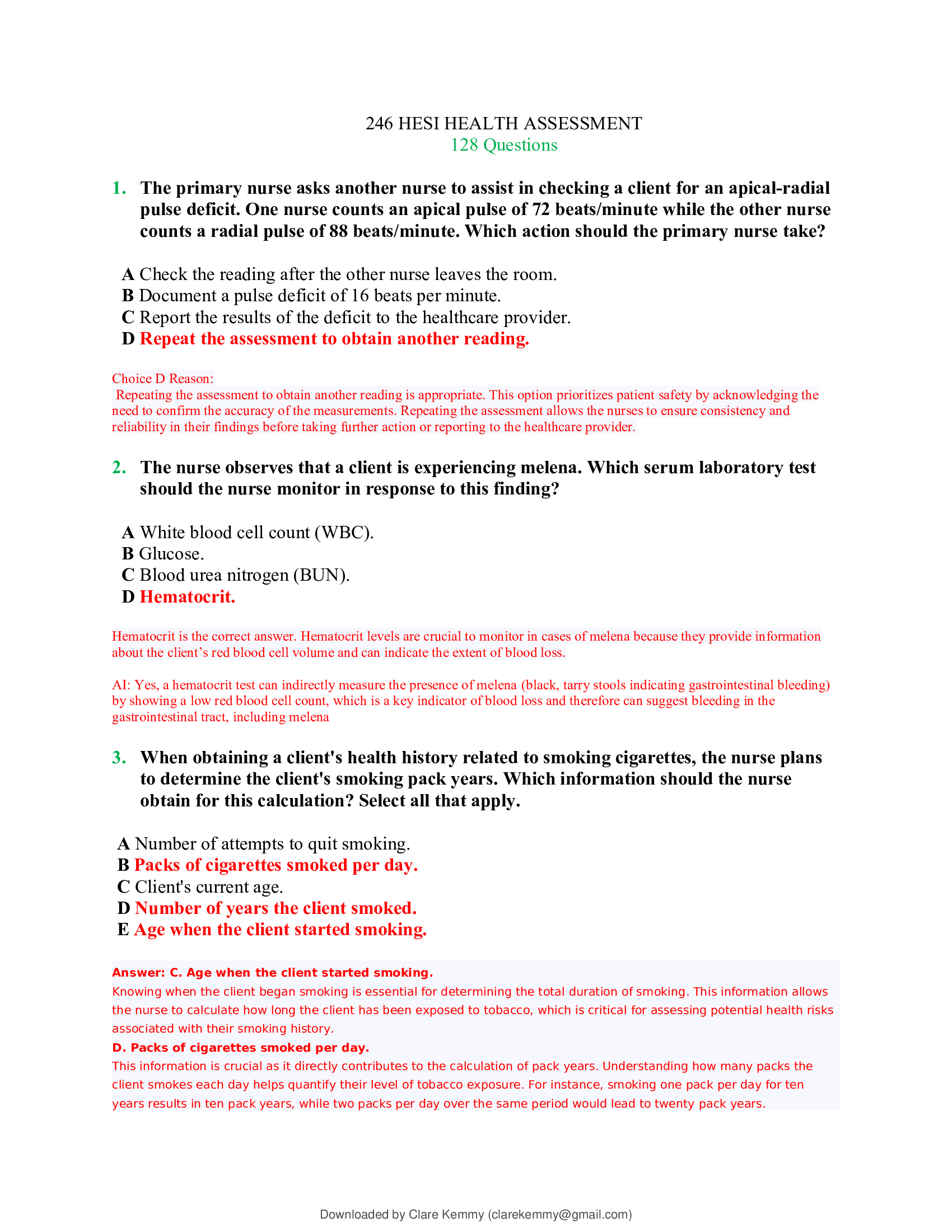 BSN 246 HESI Health Assessment – 128 Questions and Answers – Nursing Program – Comprehensive Study Guide