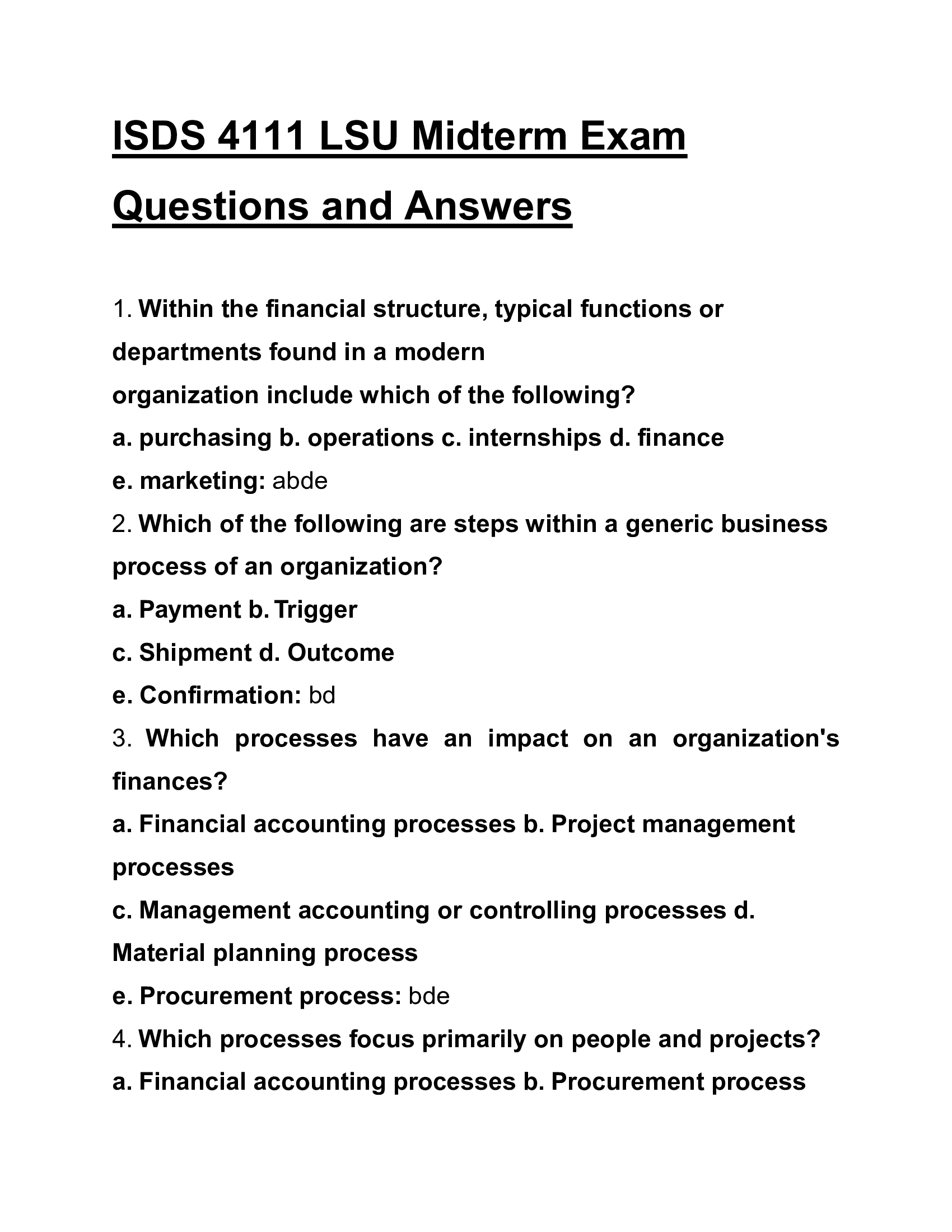 ISDS 4111 LSU Midterm Exam Questions and Answers