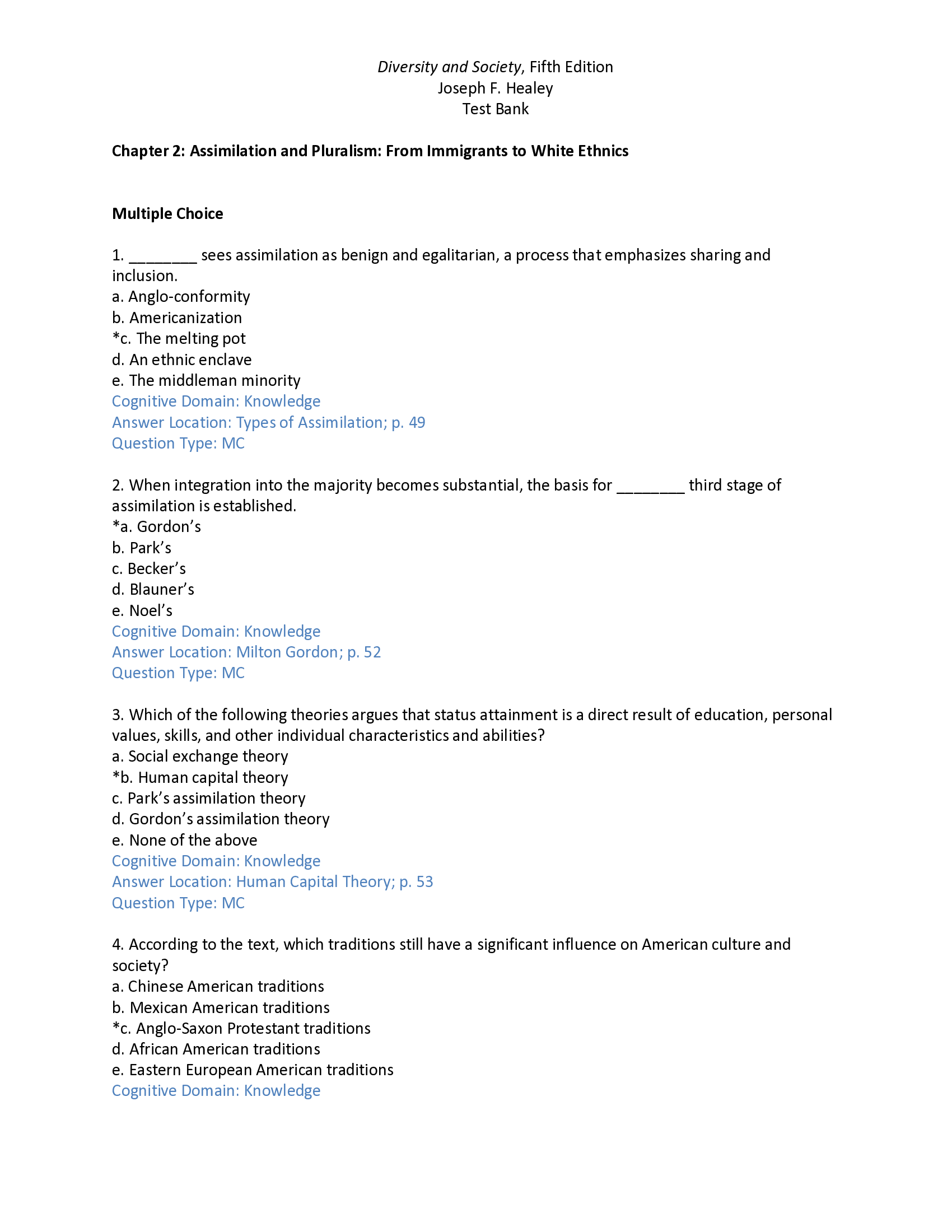 A Complete Test Bank For Diversity and Society, Race, Ethnicity, and Gender, 5th Edition Authors Joseph F. Healey, Andi Stepnick