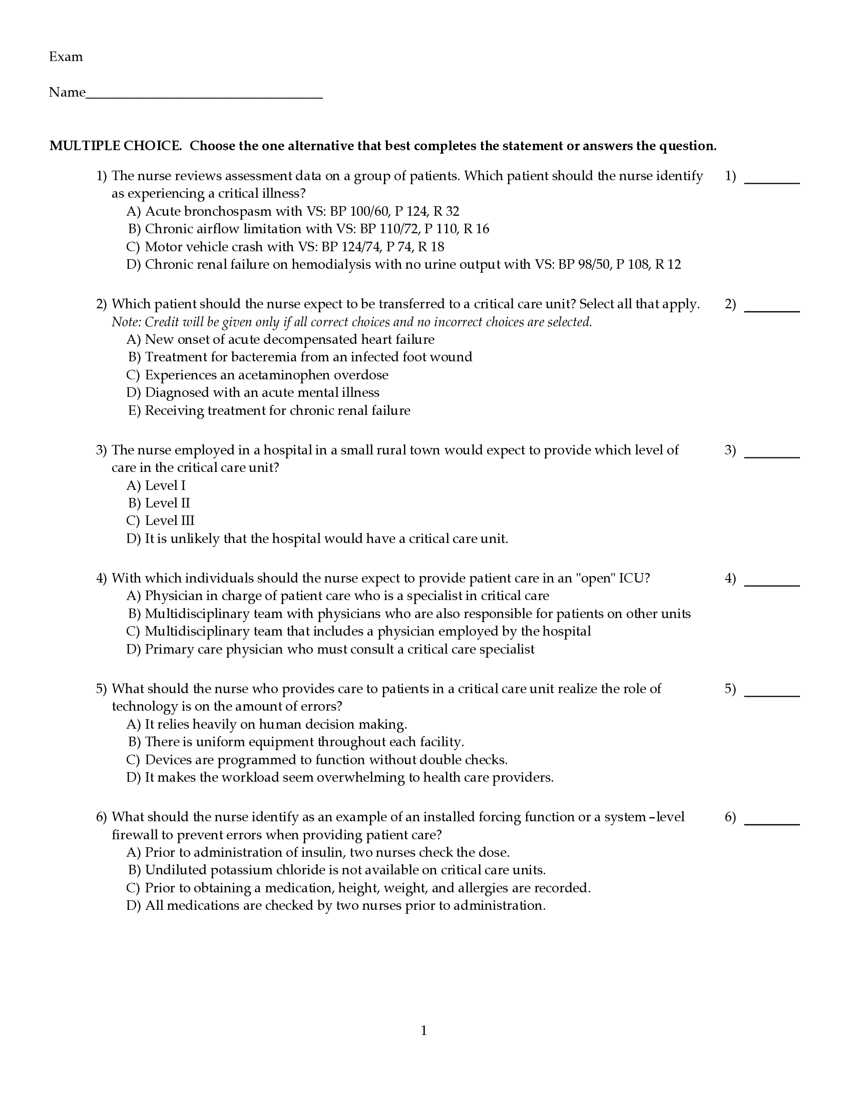 Test Bank for Understanding the Essentials of Critical Care Nursing 3rd Edition by Perrin