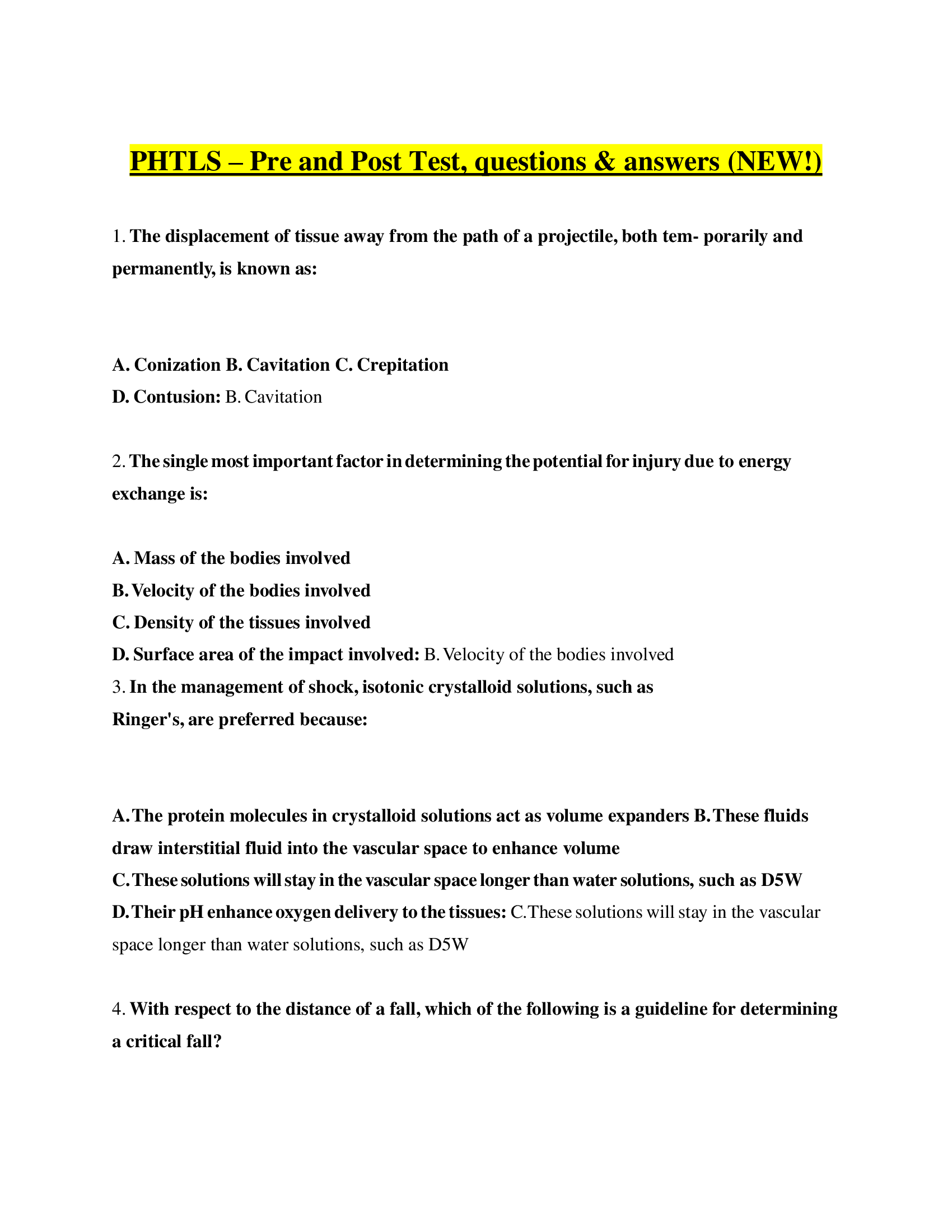 PHTLS – Pre and Post Test, questions & answers (NEW!)