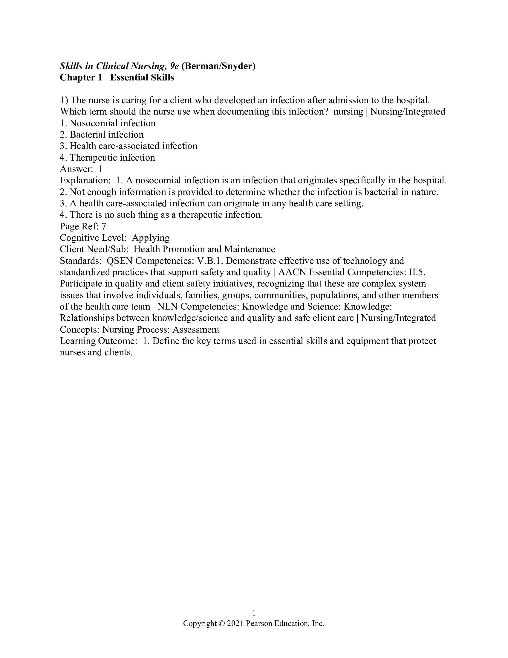 Test Bank for Skills in Clinical Nursing 9th Edition by Berman