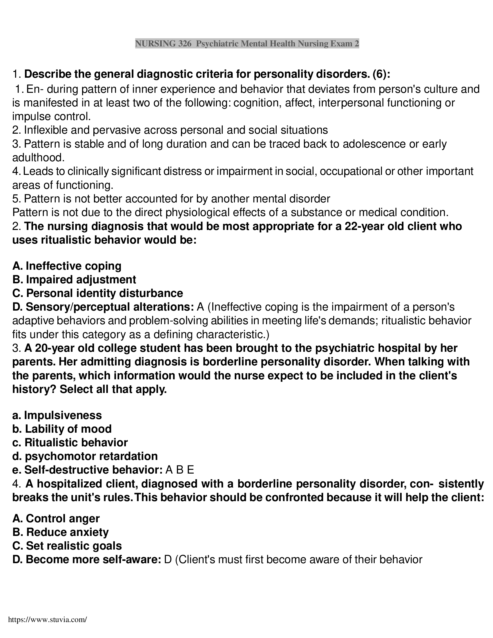 Psychiatric Mental Health Nursing:Exam 2 NURSING 326 Questions and Answers