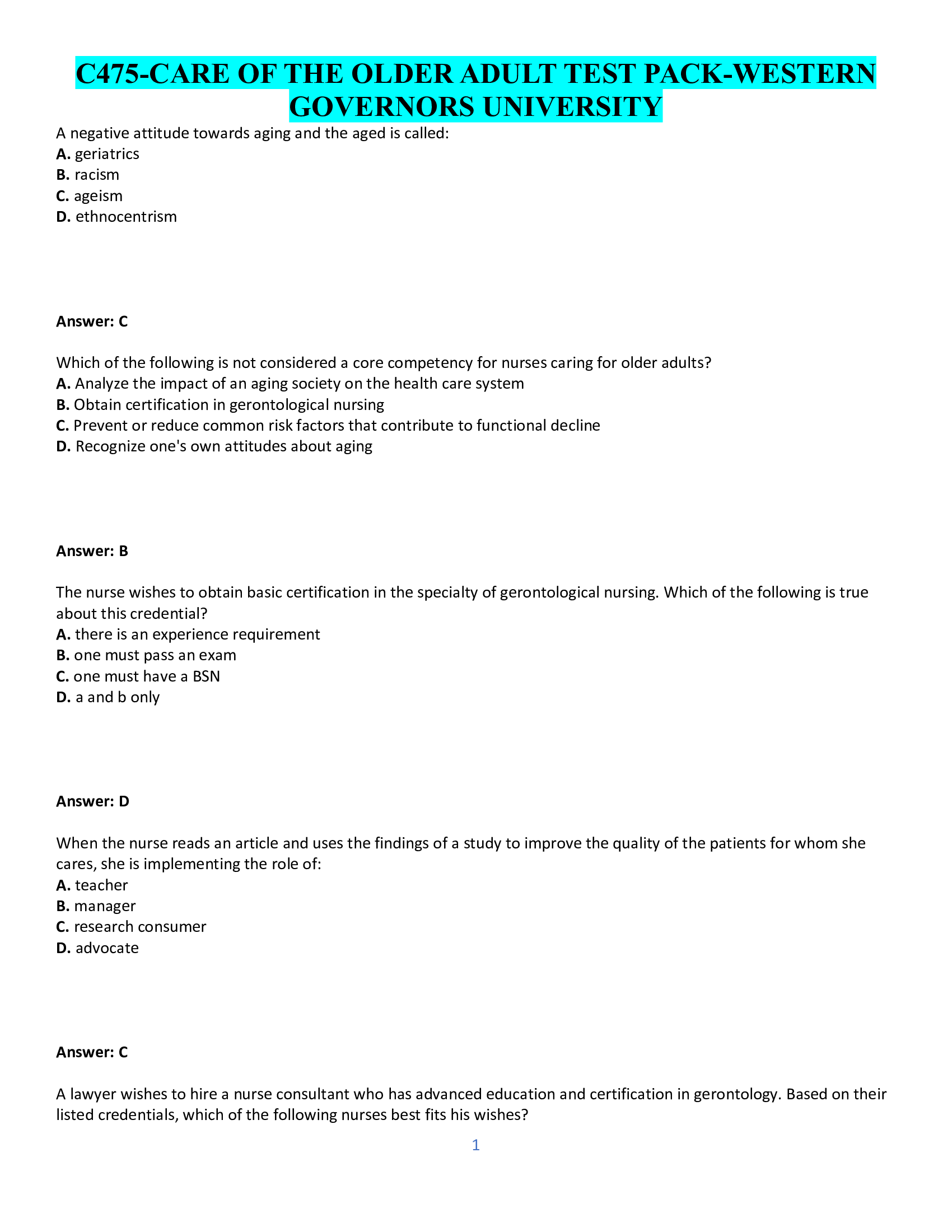 C475-Care Of The Older Adult Test Pack-Western Governors University