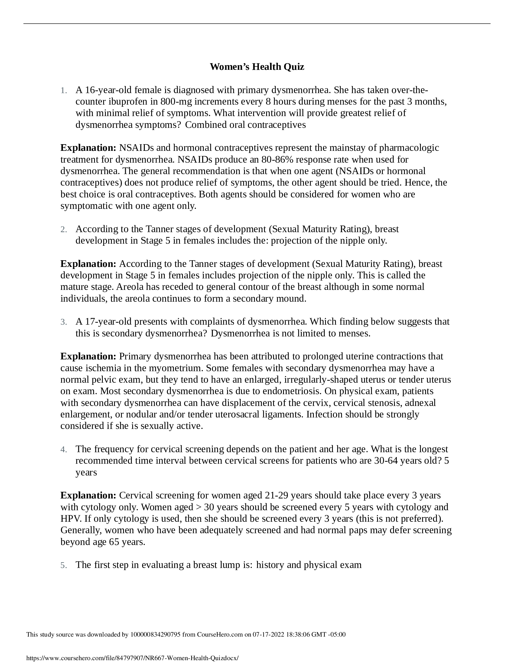 NR667 Women Health Quiz Answered 2022