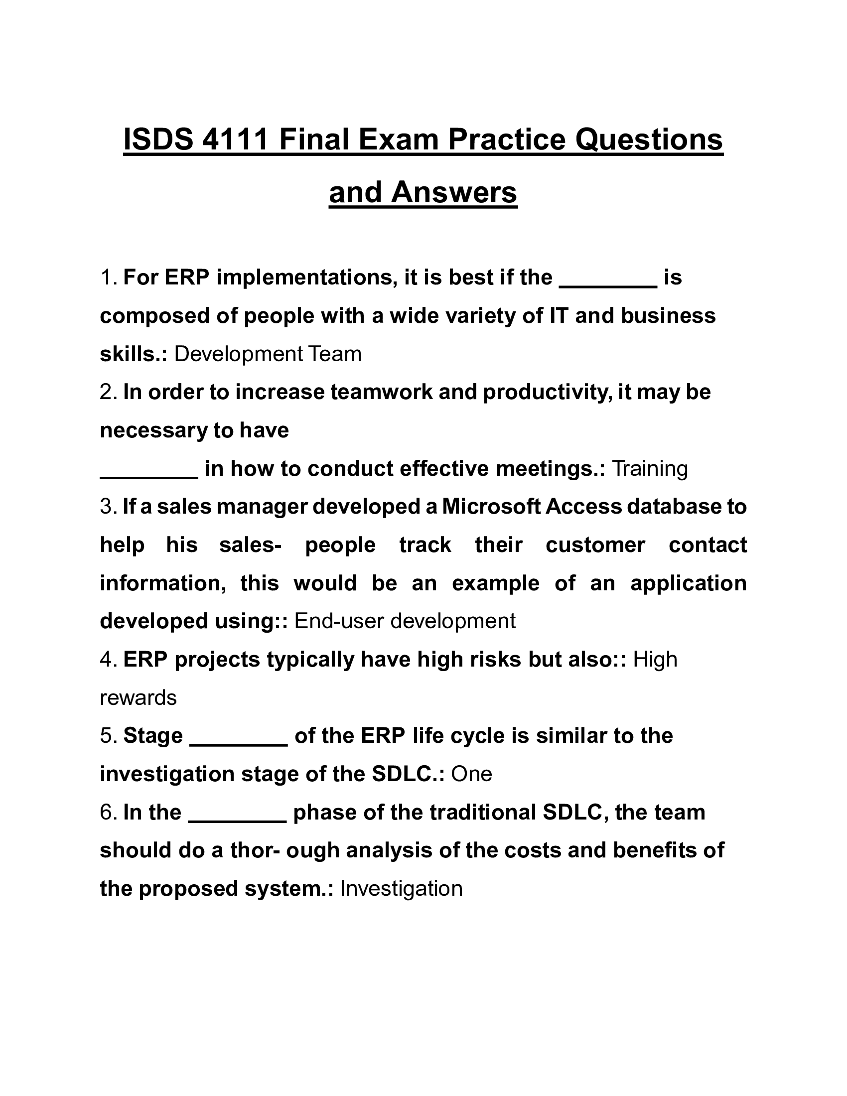 ISDS 4111 Final Exam Practice Questions and Answers