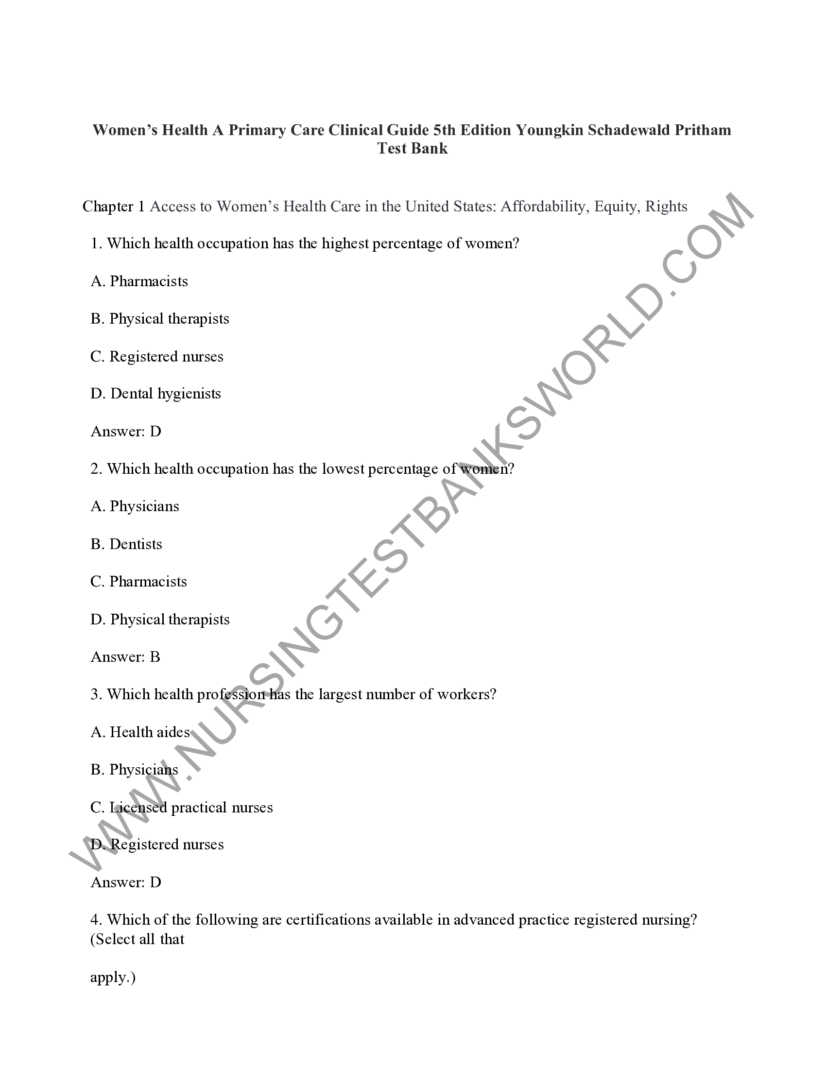 Women’s Health A Primary Care Clinical Guide 5th Edition Youngkin Schadewald Pritham Test Bank