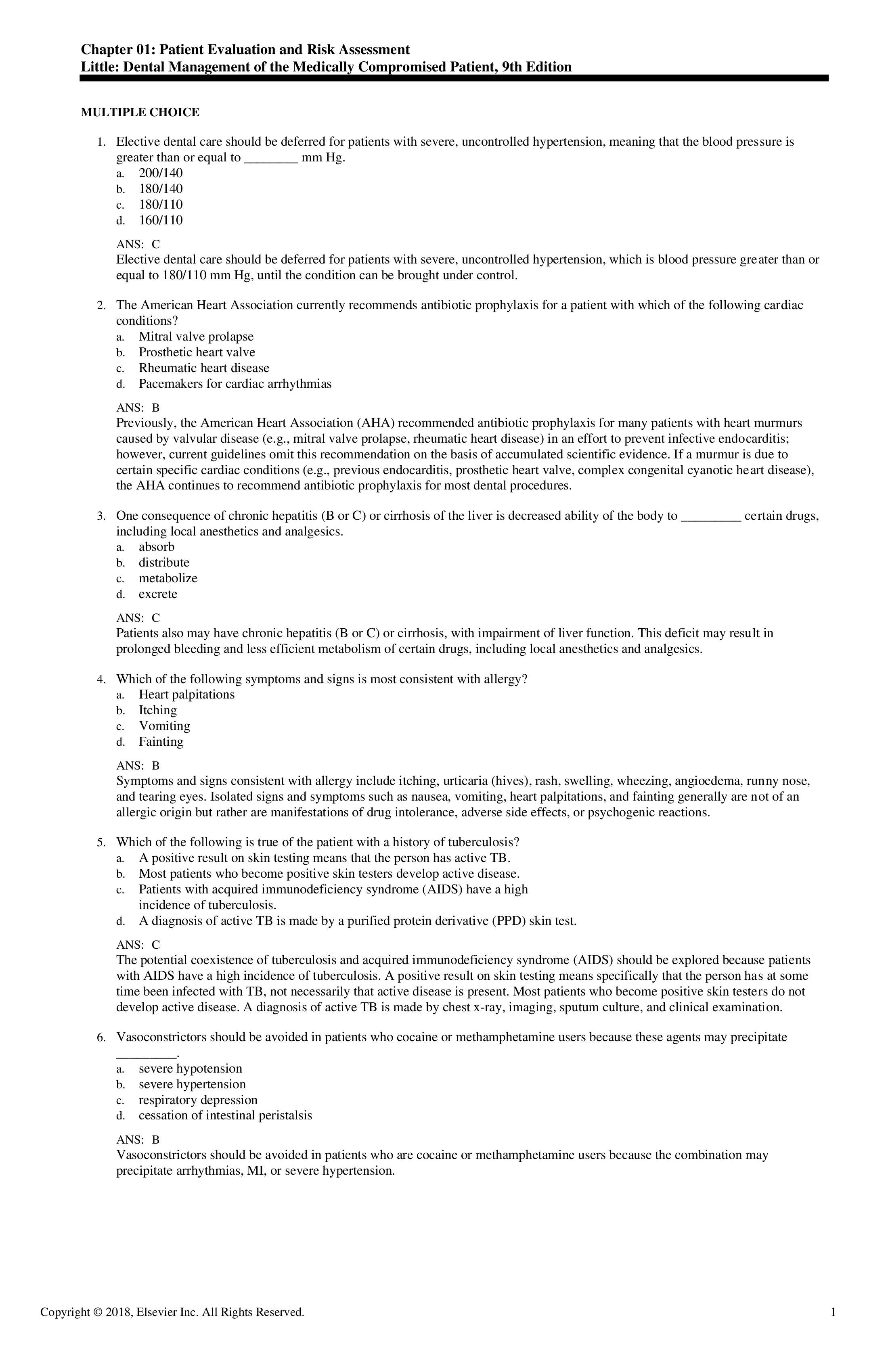 Test Bank for Little and Falaces Dental Management of the Medically Compromised Patient 9th Edition