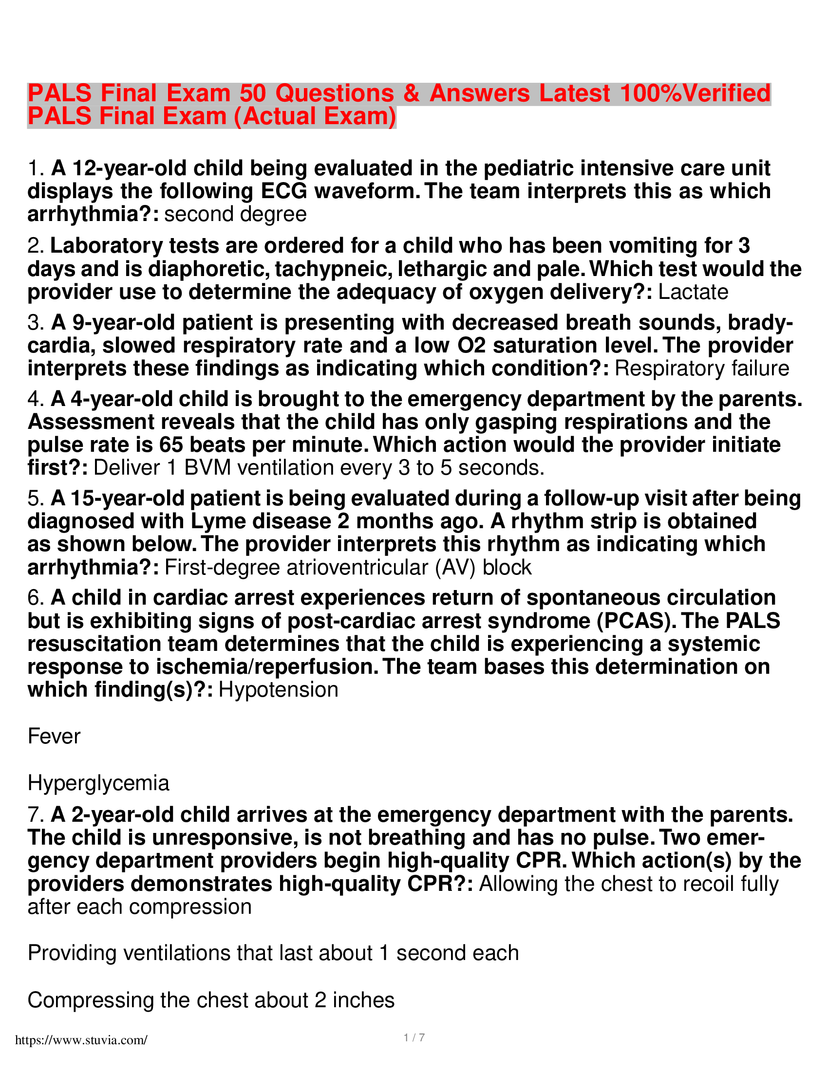 PALS Final Exam 50 Questions & Answers Latest 100% Verified PALS Final Exam (Actual Exam)