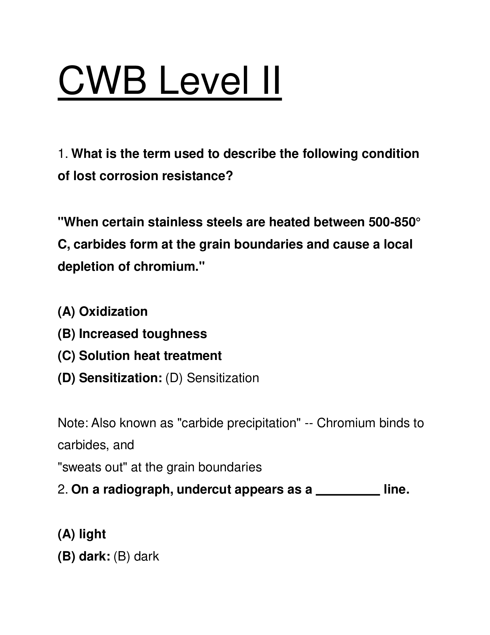 CWB Level II Exam Preparation – Welding Process & Safety Standards – Full Question Set and Answers