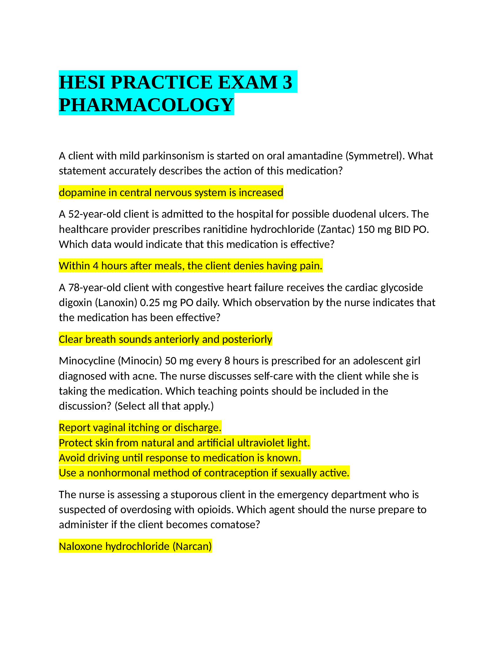 Pharmacology HESI Practice Exam 3