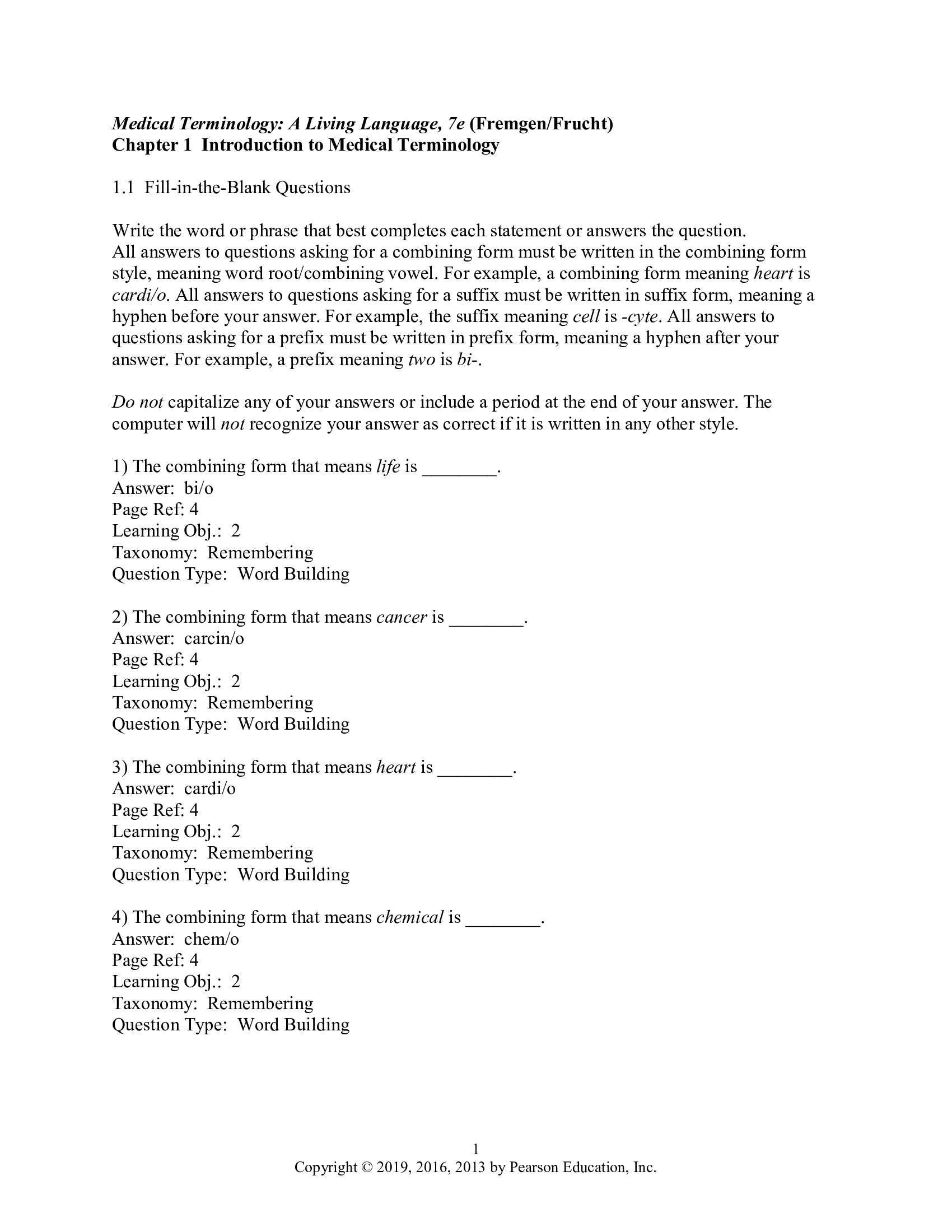 Test Bank for Medical Terminology A Living Language 7th Edition by Fremgen