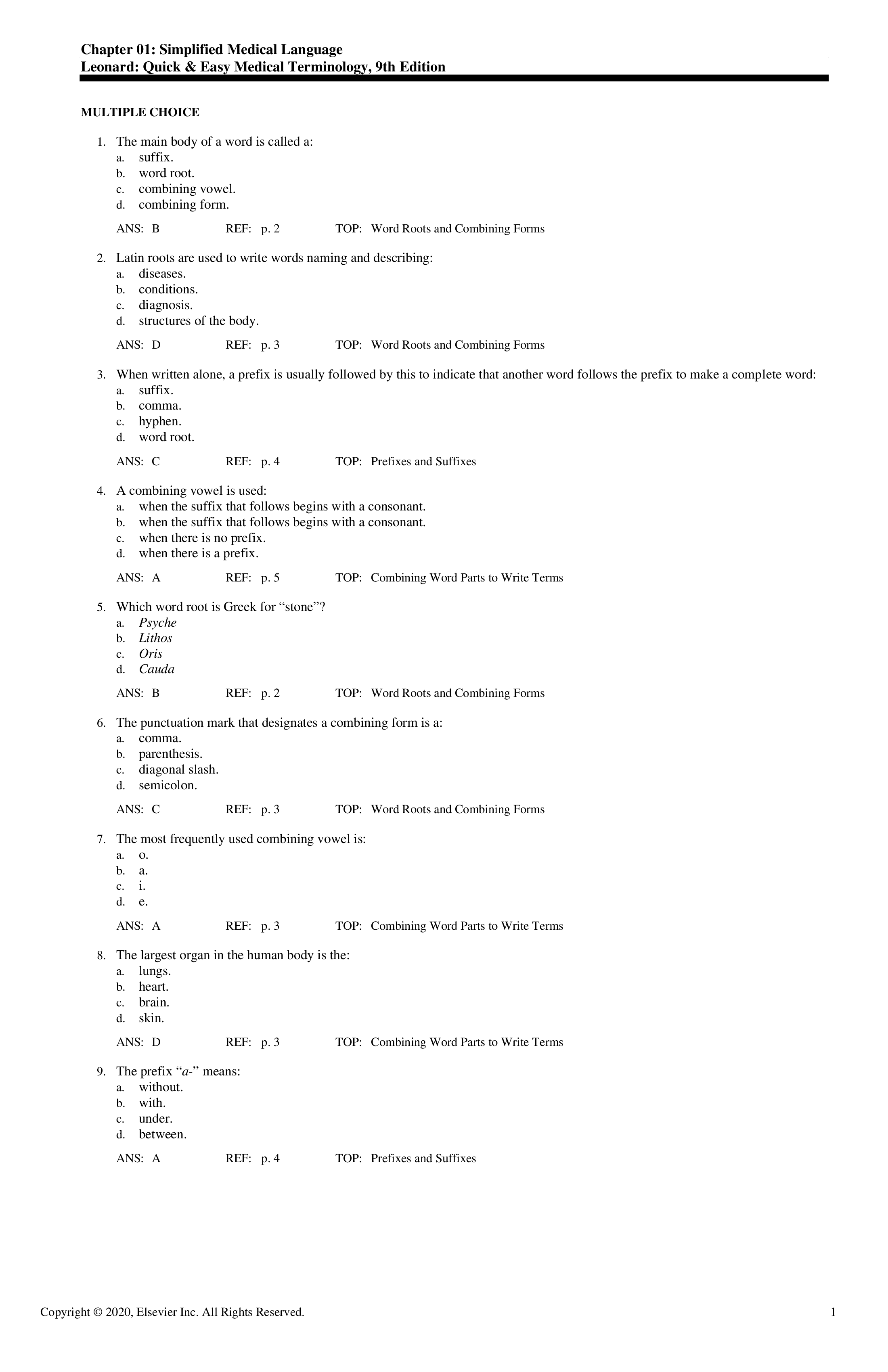 Test Bank for Quick and Easy Medical Terminology 9th Ed by Leonard