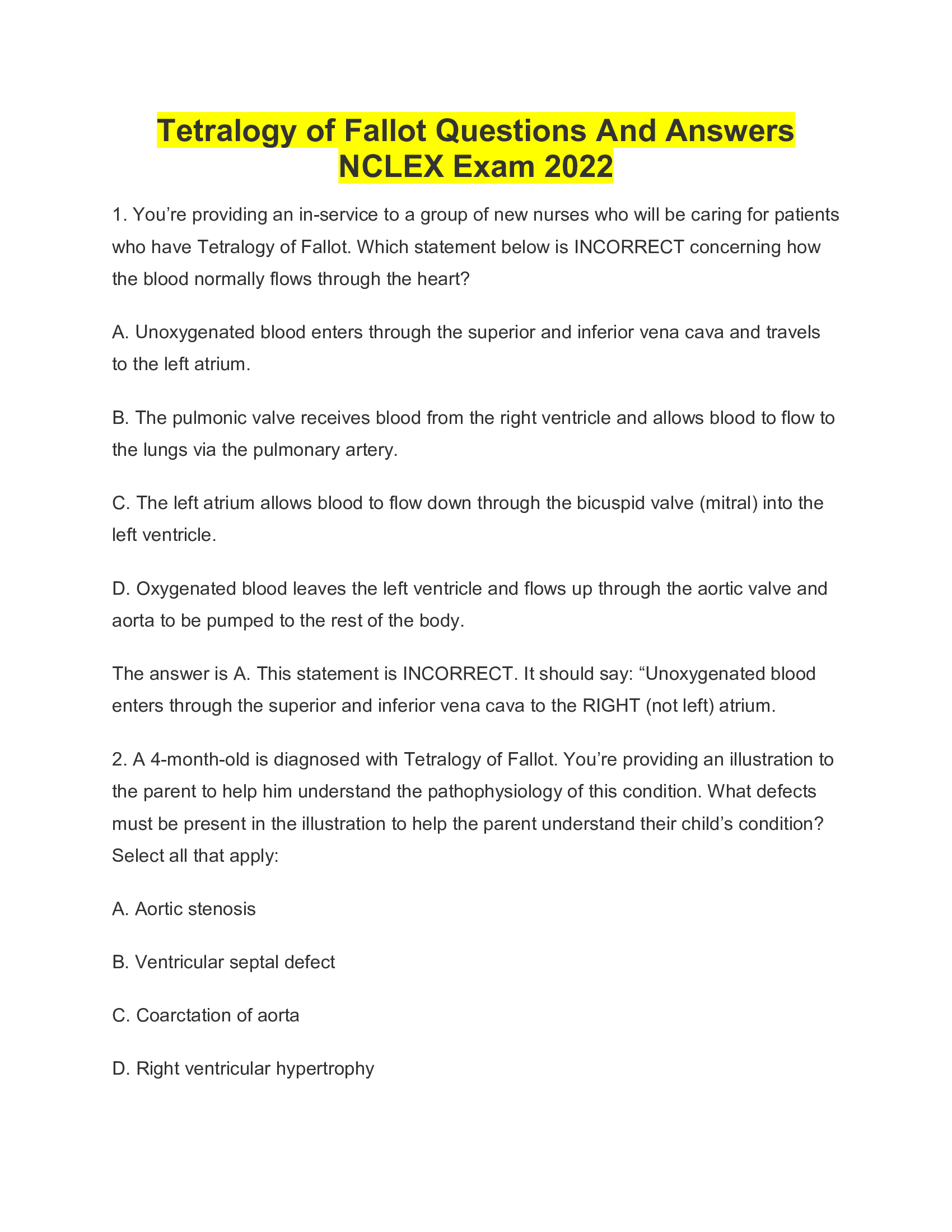 Tetralogy of Fallot Questions And Answers NCLEX Exam