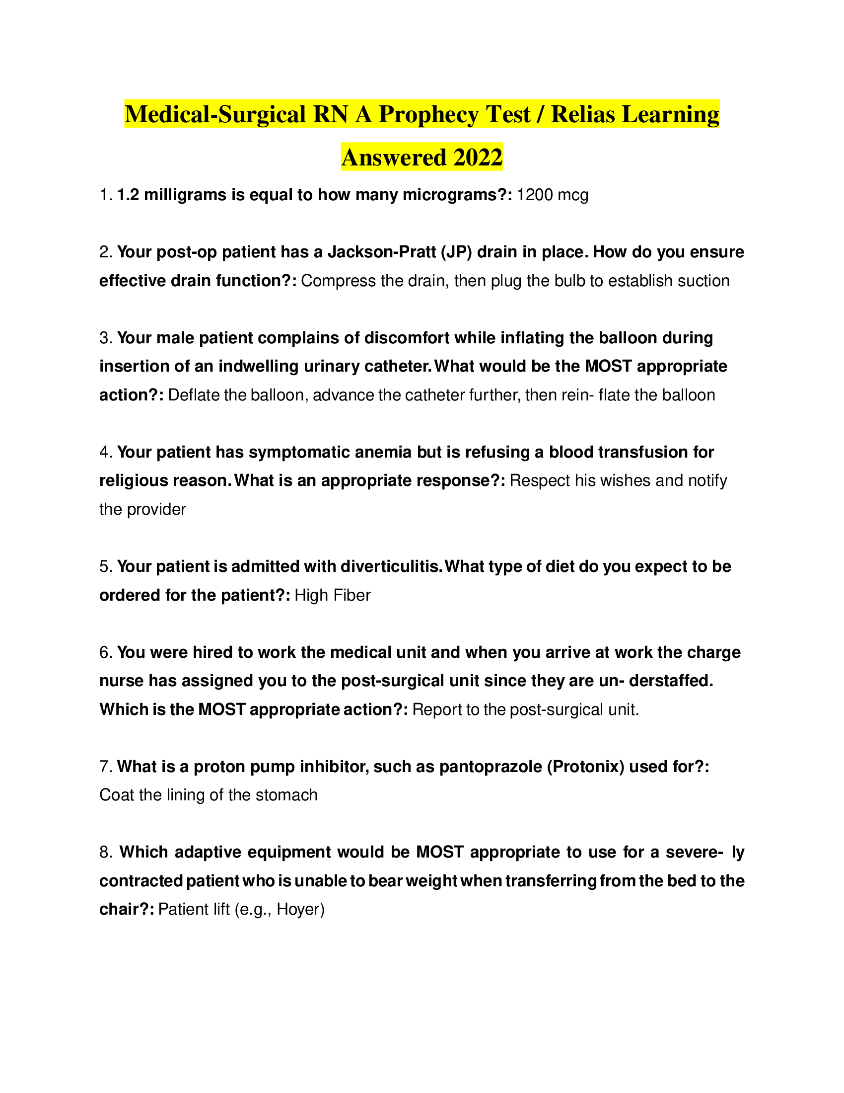 Medical-Surgical RN A Prophecy Test, Relias Learning Answered 2022