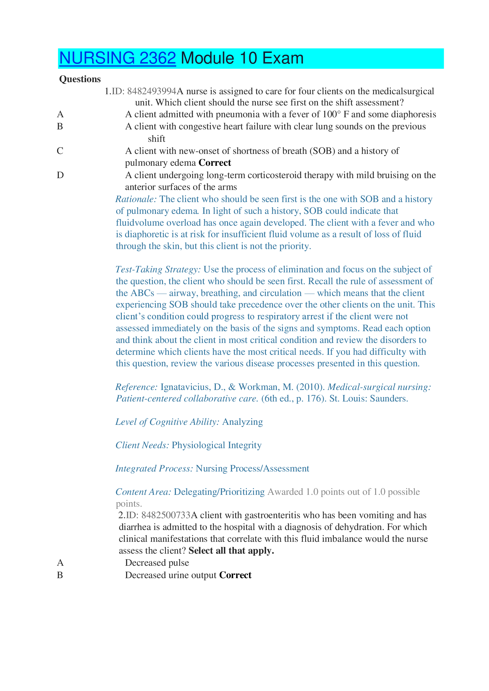 NURSING 2362 Module 10 Exam with rationale
