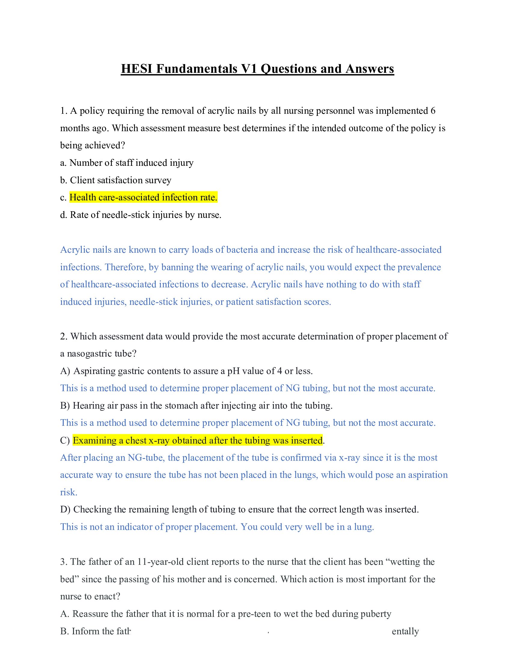 Hesi fundamentals V1 questions with answers and rationales