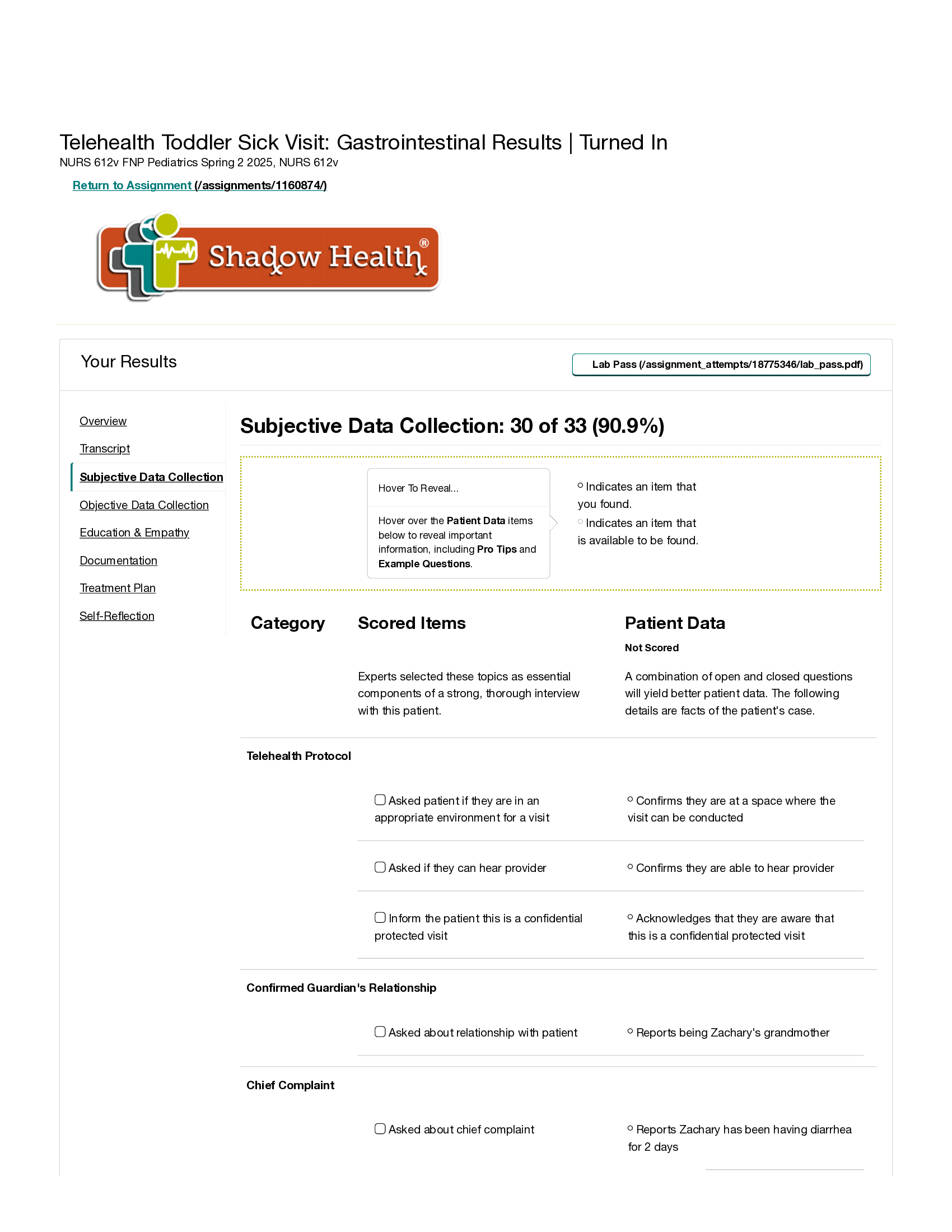 Shadow Health Zachary Lafontaine GI Telehealth Transcript – Toddler Sick Visit (30 Months)