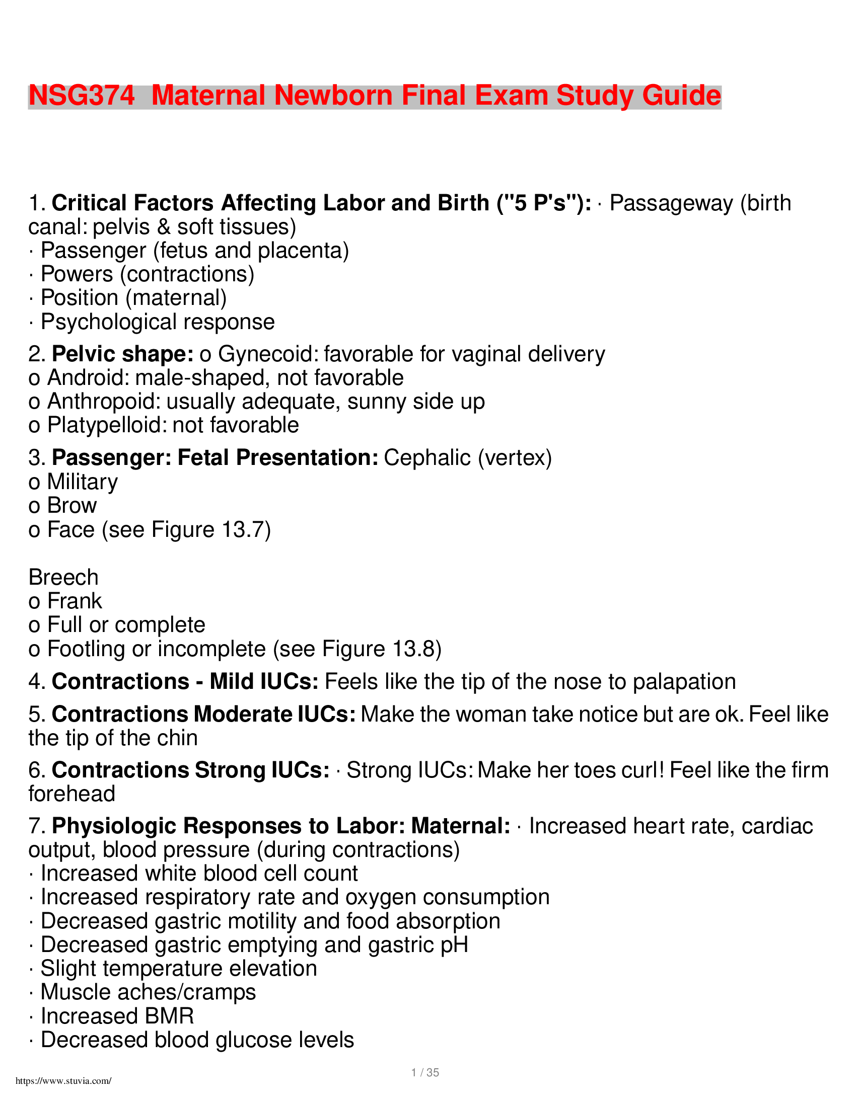 NSG374  Maternal Newborn Final Exam Study Guide