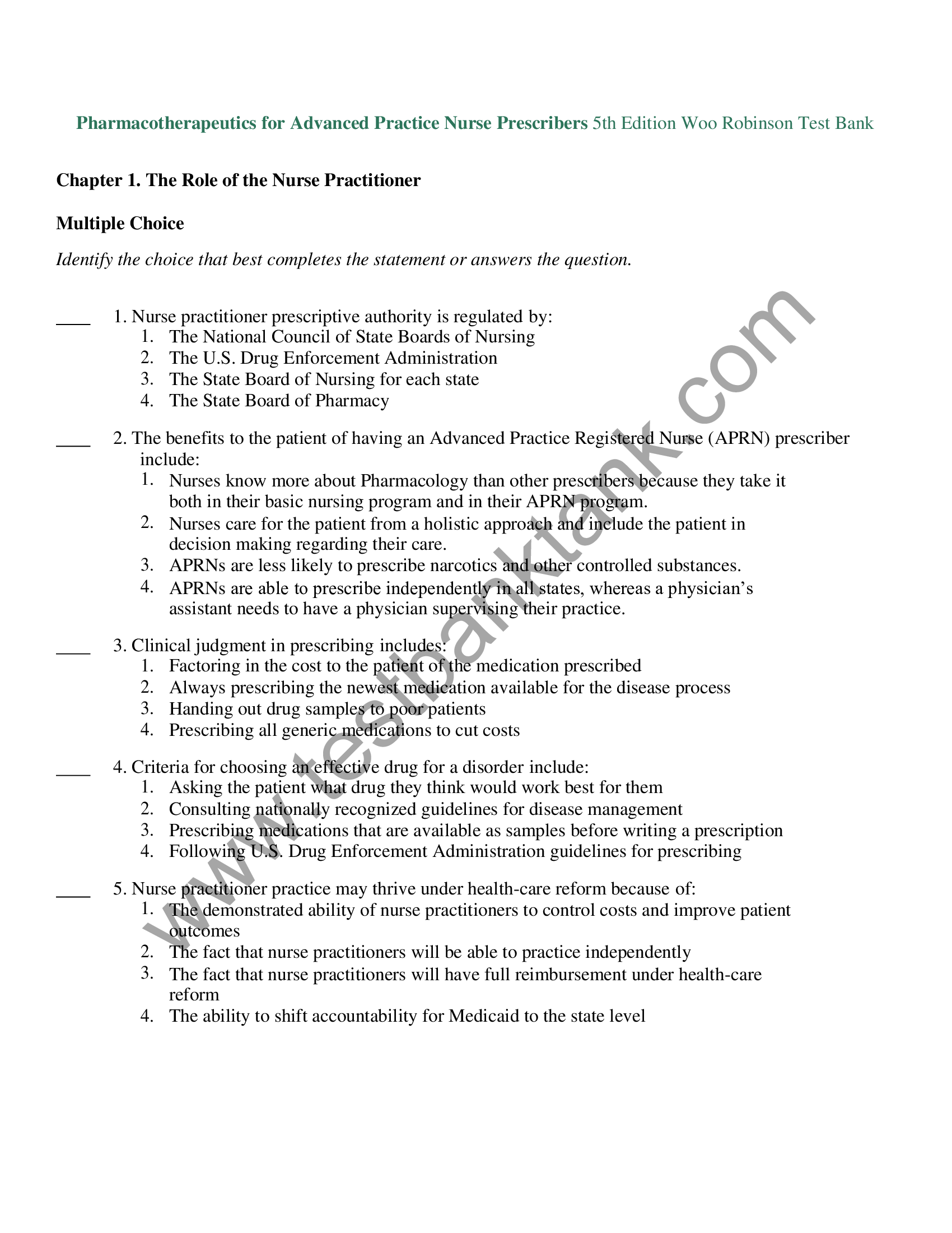 Phamarmacotherapeutics for Advanced Practice Nurse Prescribers 5th Edition Woo Robinson Test Bank
