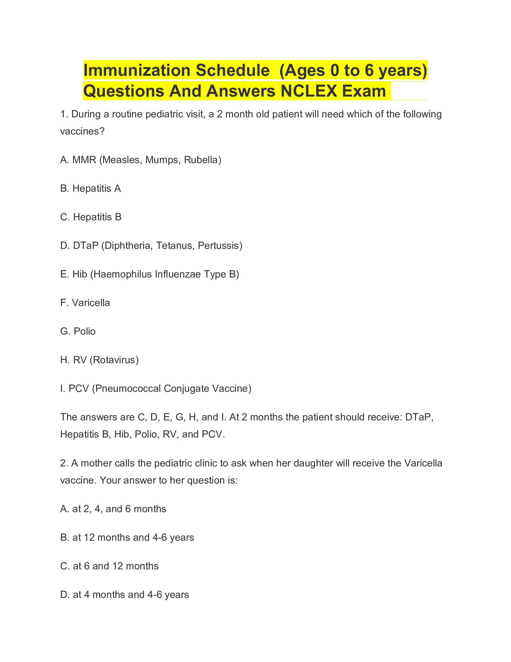 Immunization Schedule  (Ages 0 to 6 years) Questions And Answers NCLEX Exam | 2026