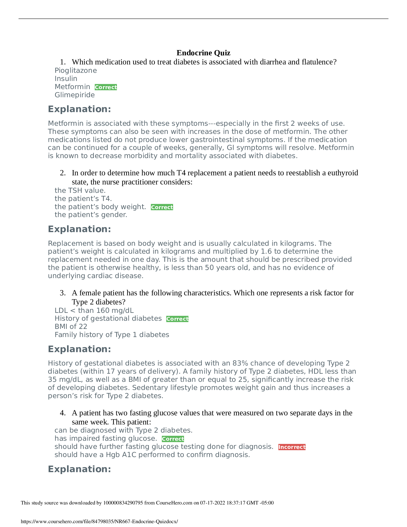 NR667 Endocrine Quiz Answered 2022