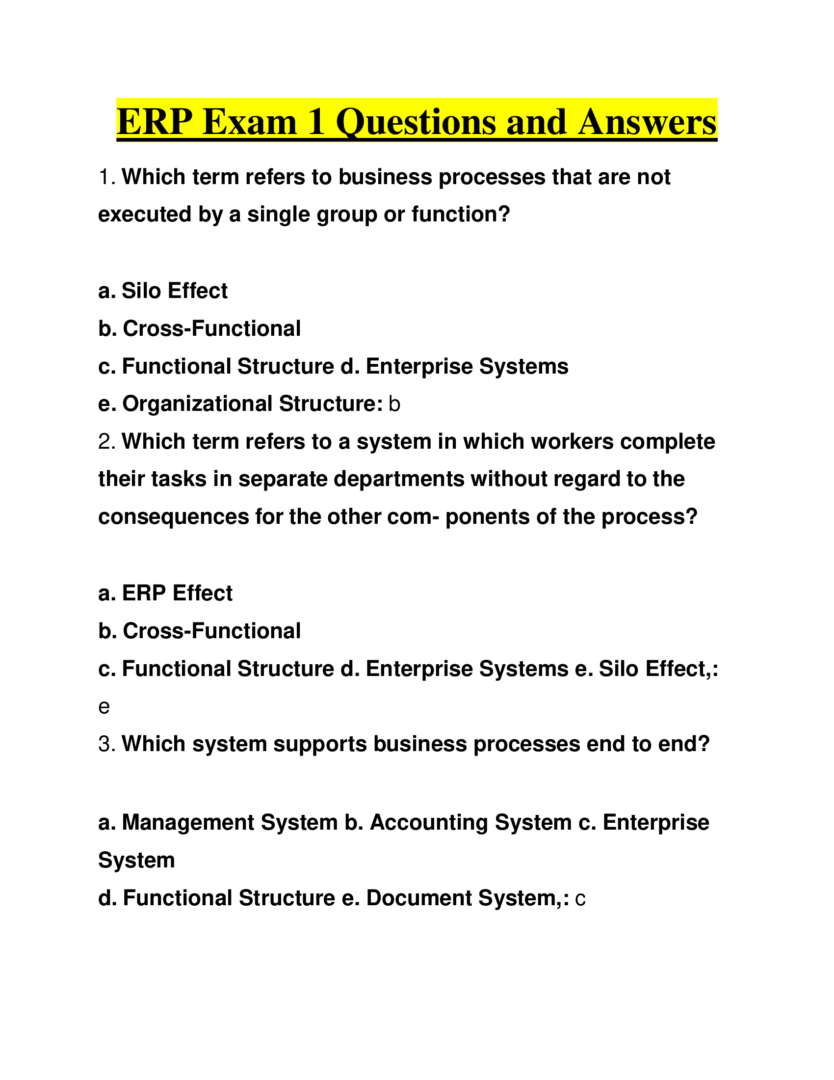 ERP Exam 1 Questions and Answers