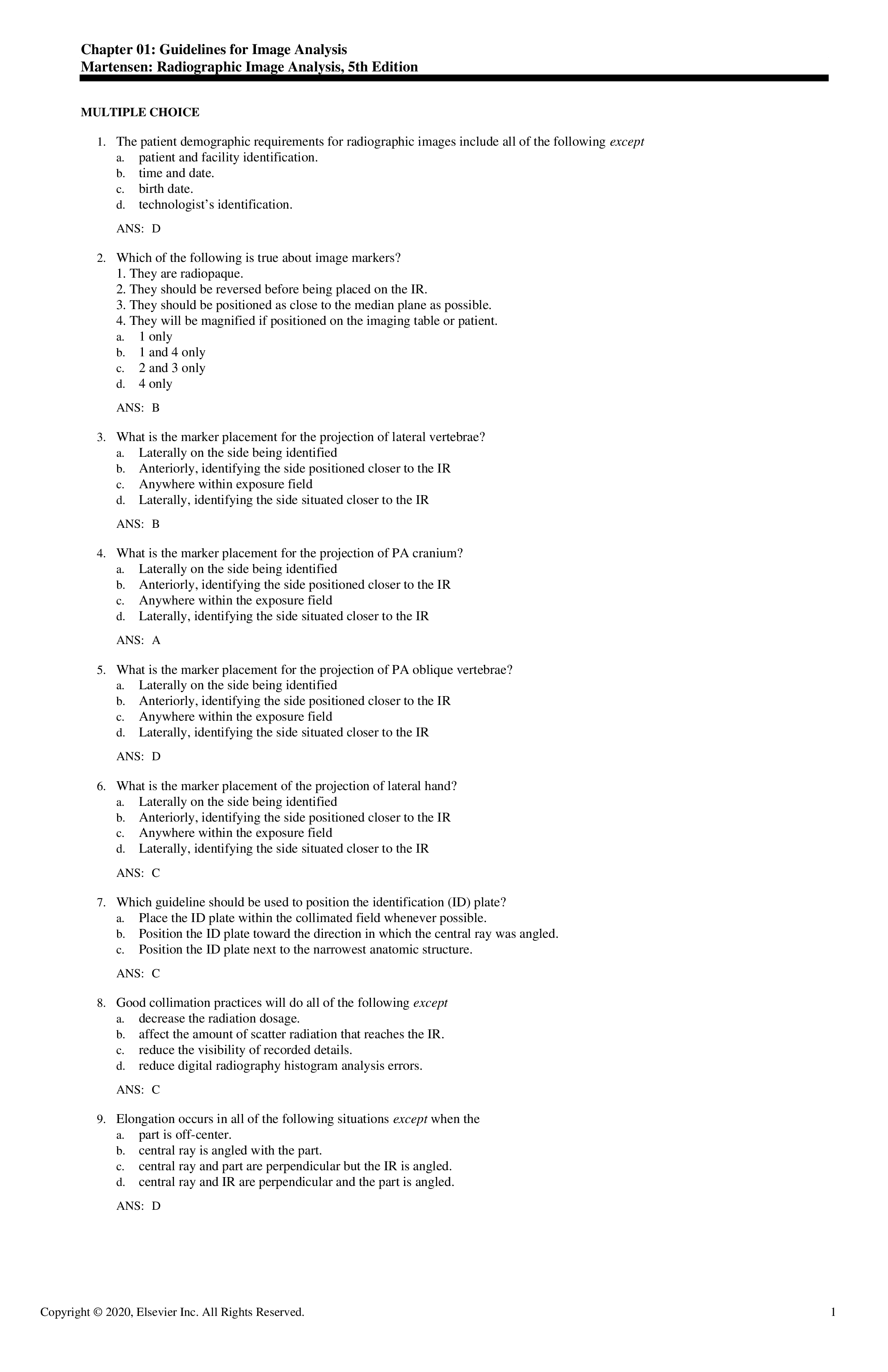Test Bank for Radiographic Image Analysis 5th Edition by Martensen