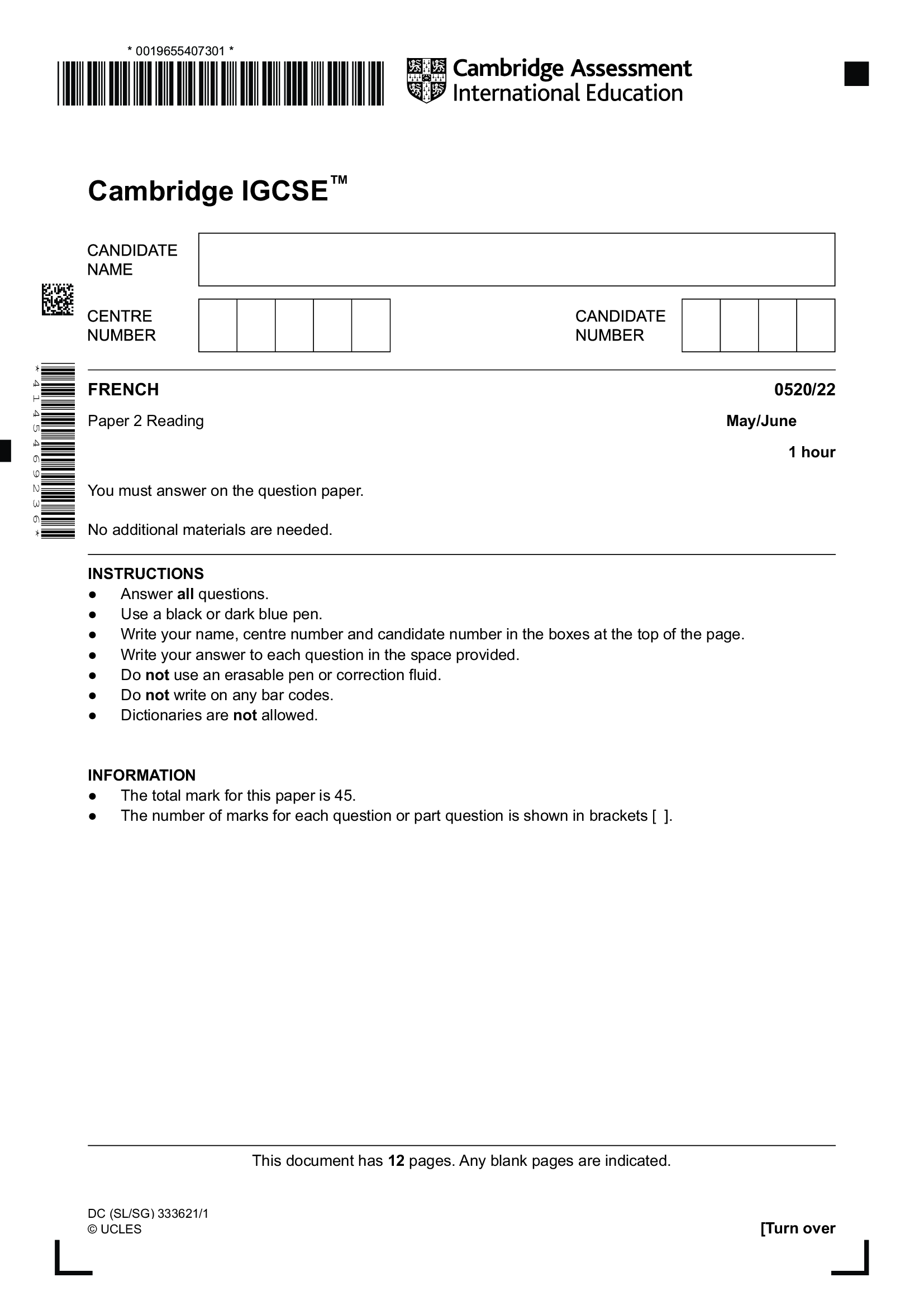 Cambridge IGCS FRENCH 0520|22 Paper 2 Reading May,June 2026