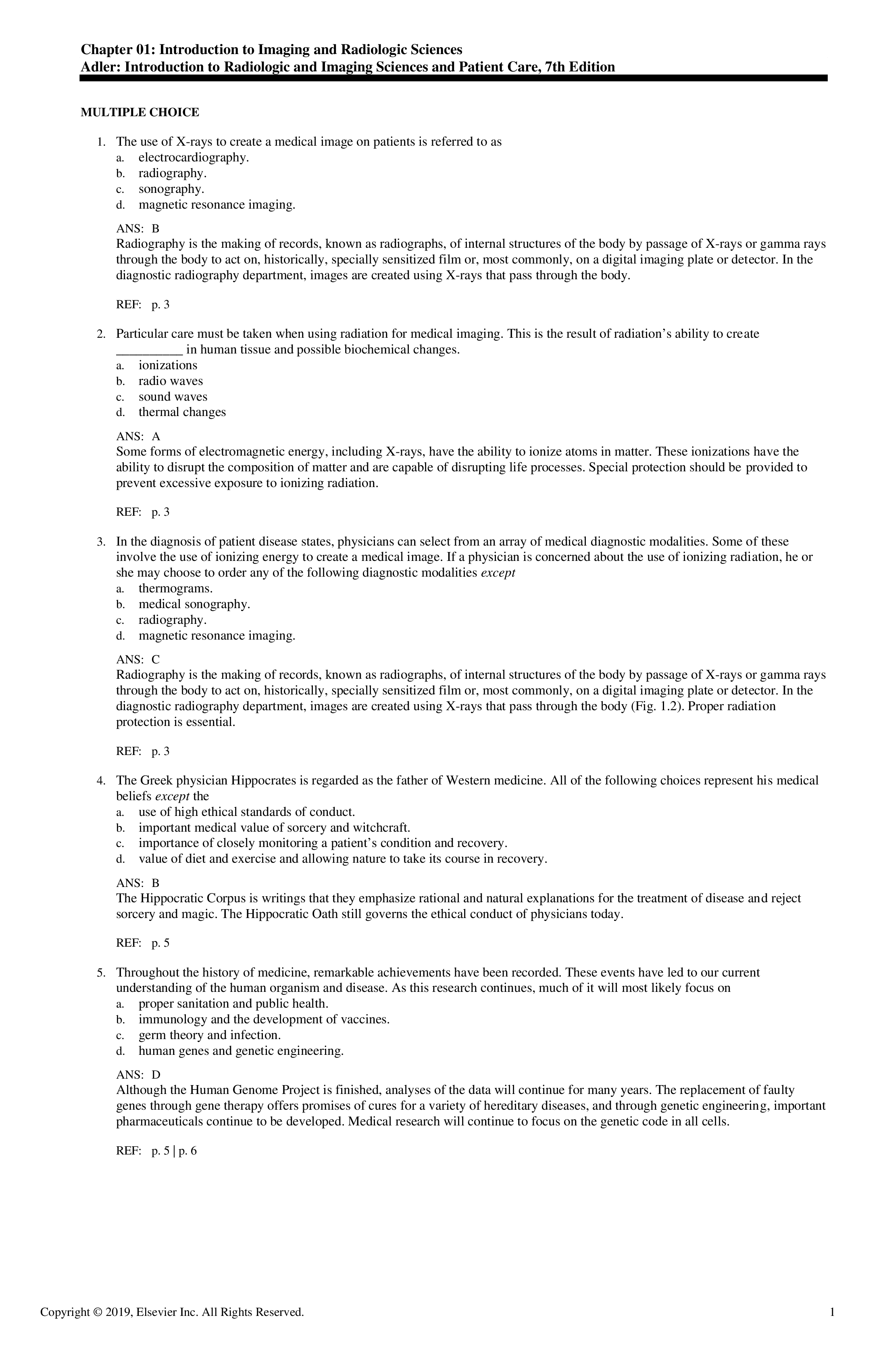 Test Bank for Introduction to Radiologic and Imaging Sciences and Patient Care | 7th Edition by Adler