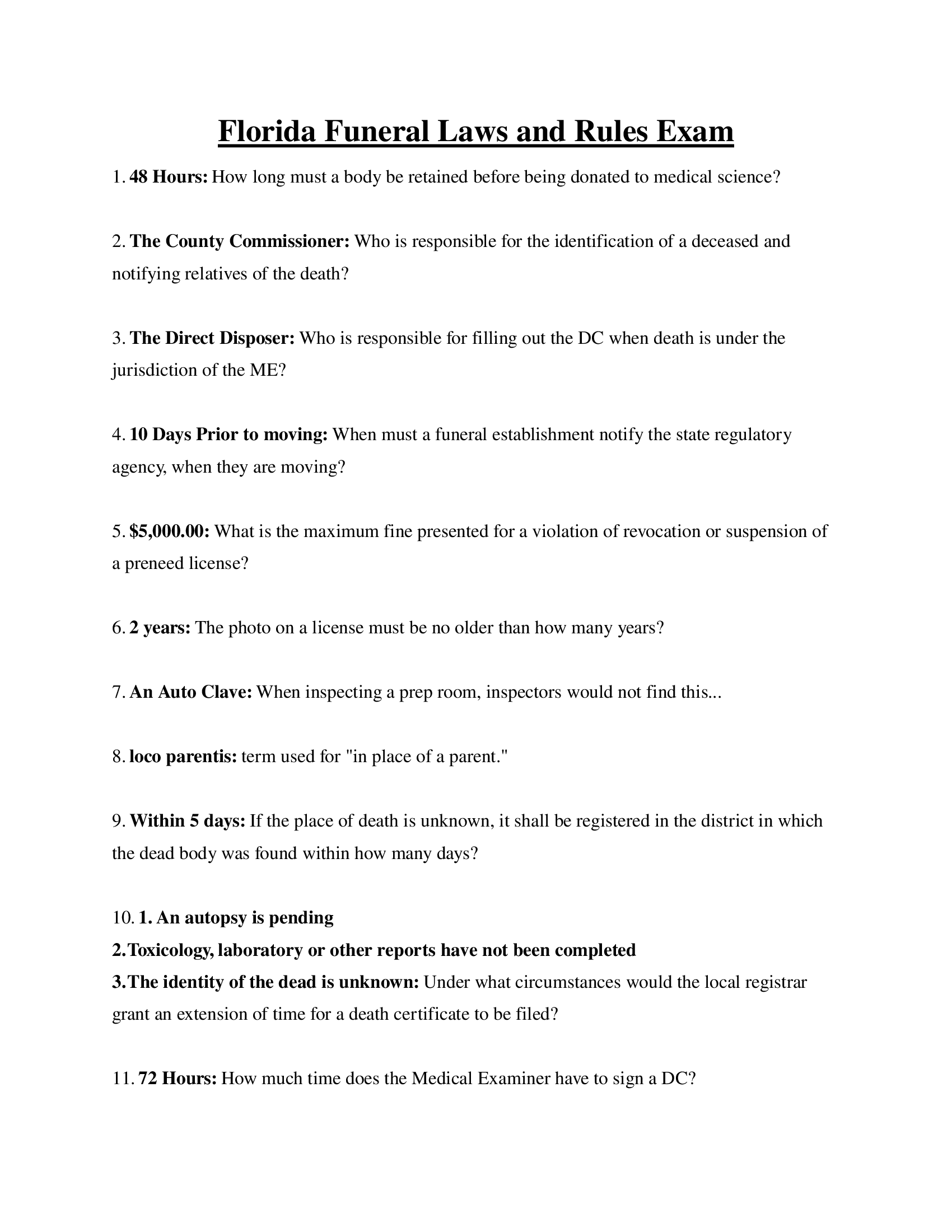 Florida Funeral Laws and Rules Exam