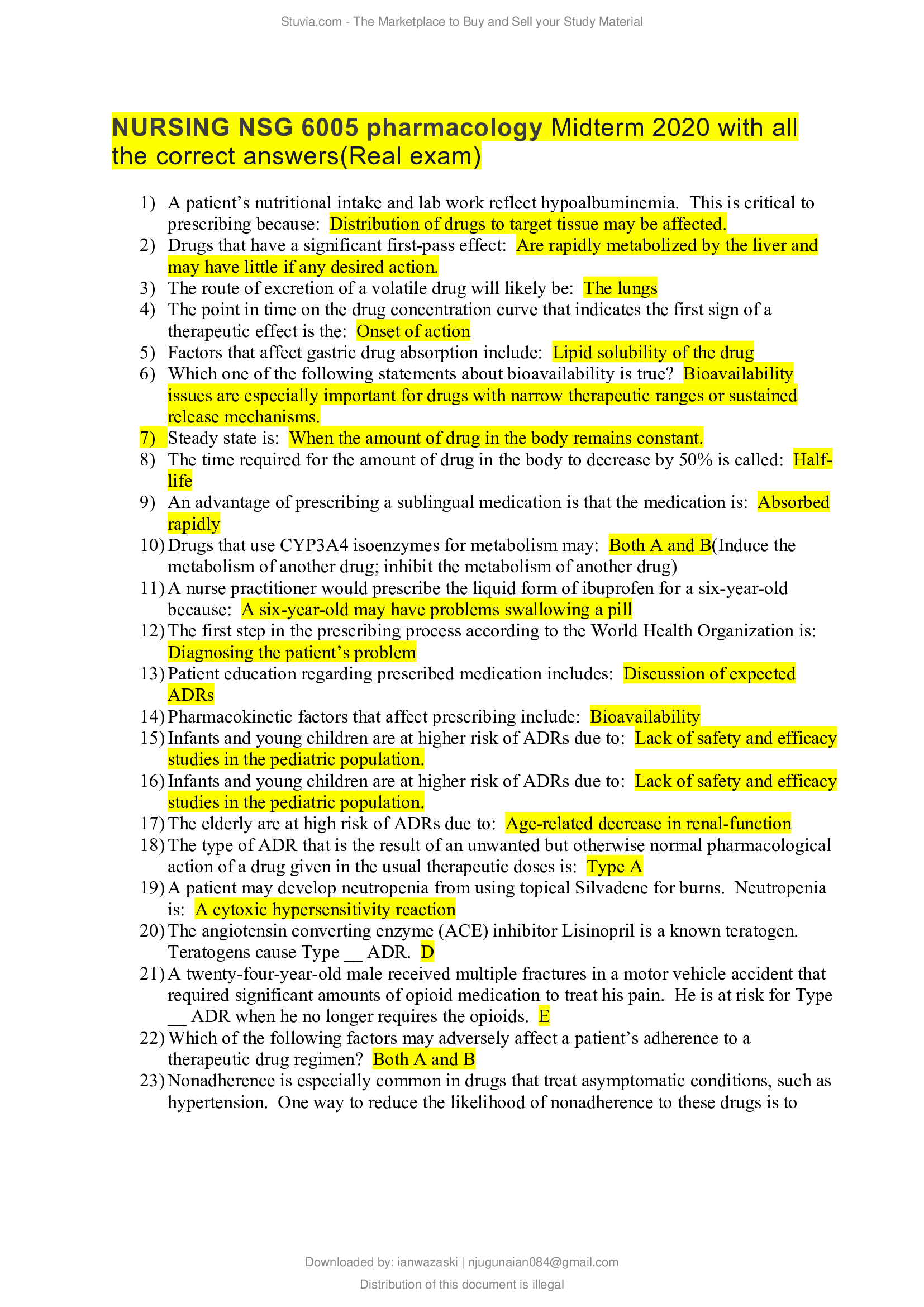 NURSING NSG 6005 pharmacology Midterm 2020 with all the correct answers(Real exam)