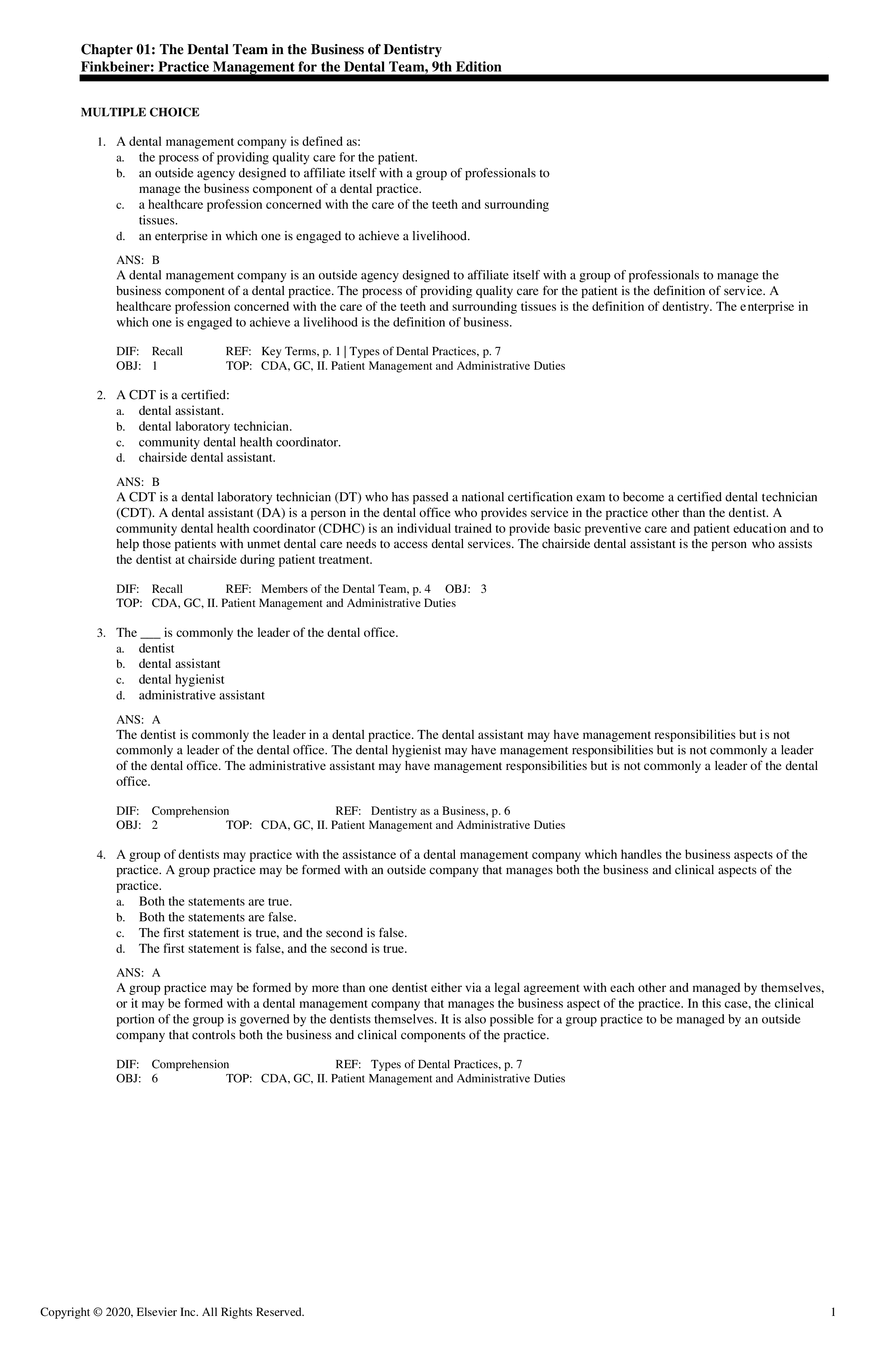 Test Bank for Practice Management for the Dental Team 9th Edition by Finkbeiner