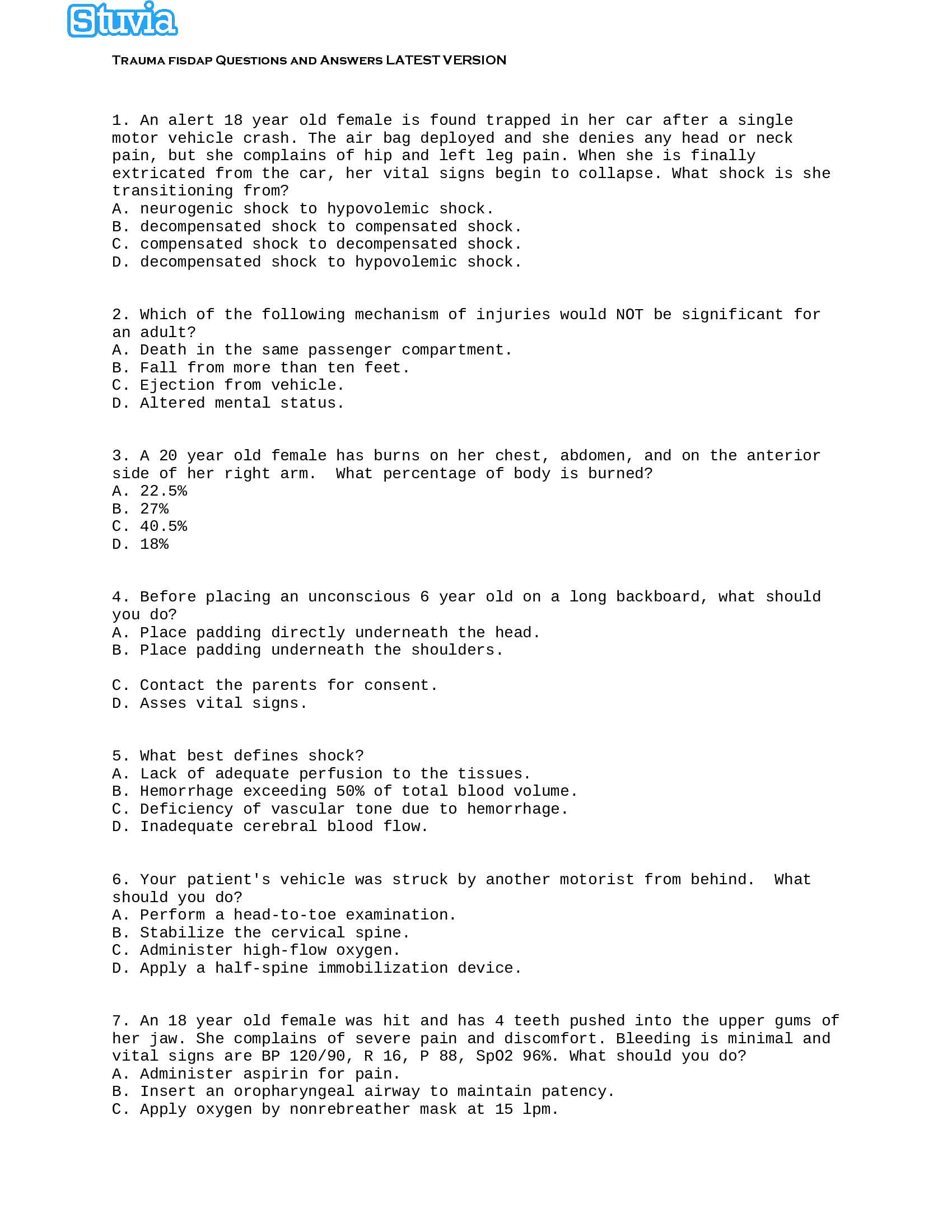 Trauma fisdap Questions and Answers