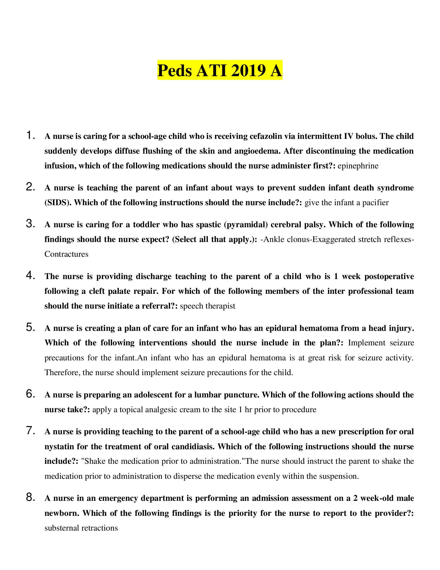 Peds ATI 2019 A Test Questions with Answers