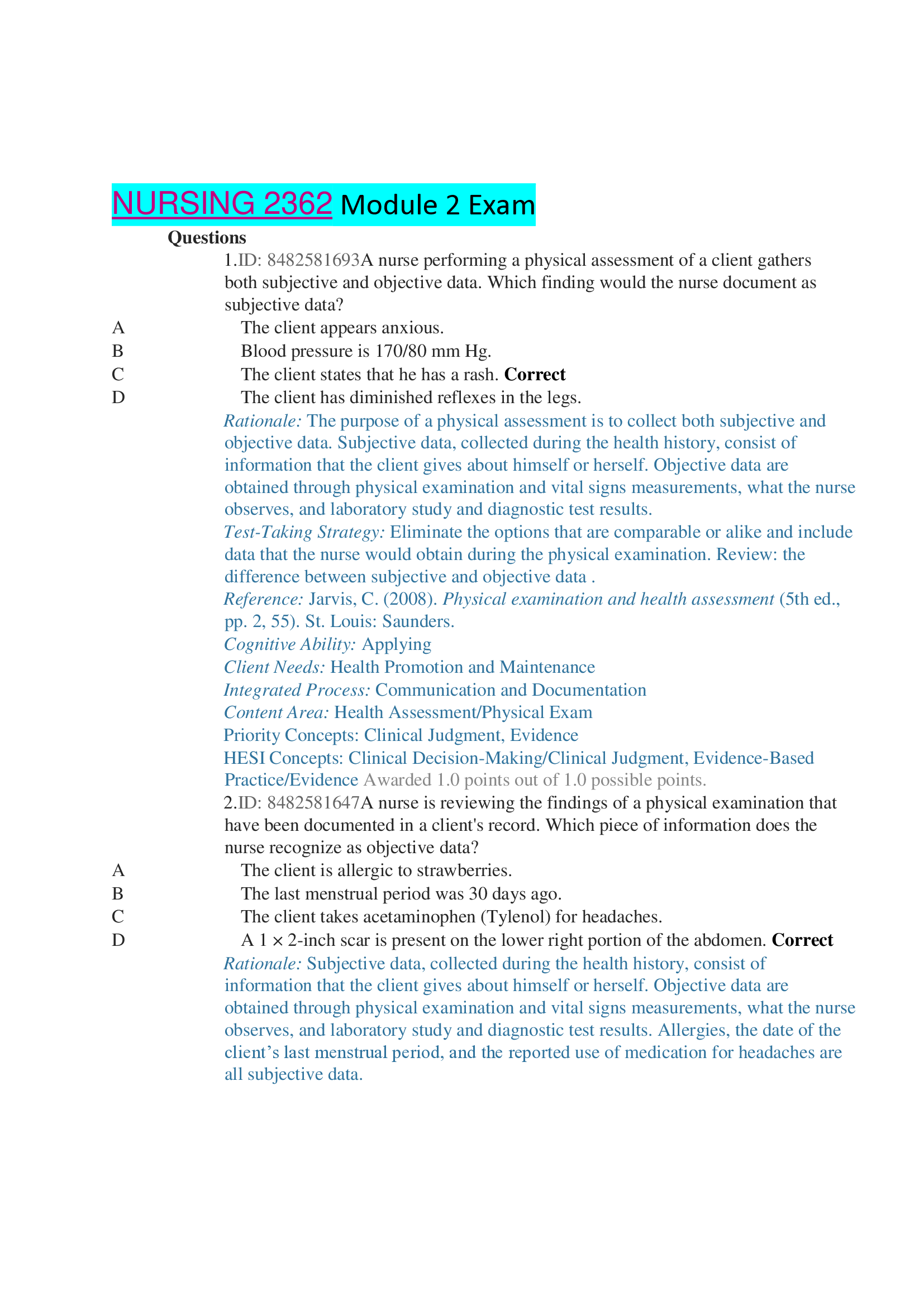 NURSING 2362 Module 2 Exam with complete solution and Rationale