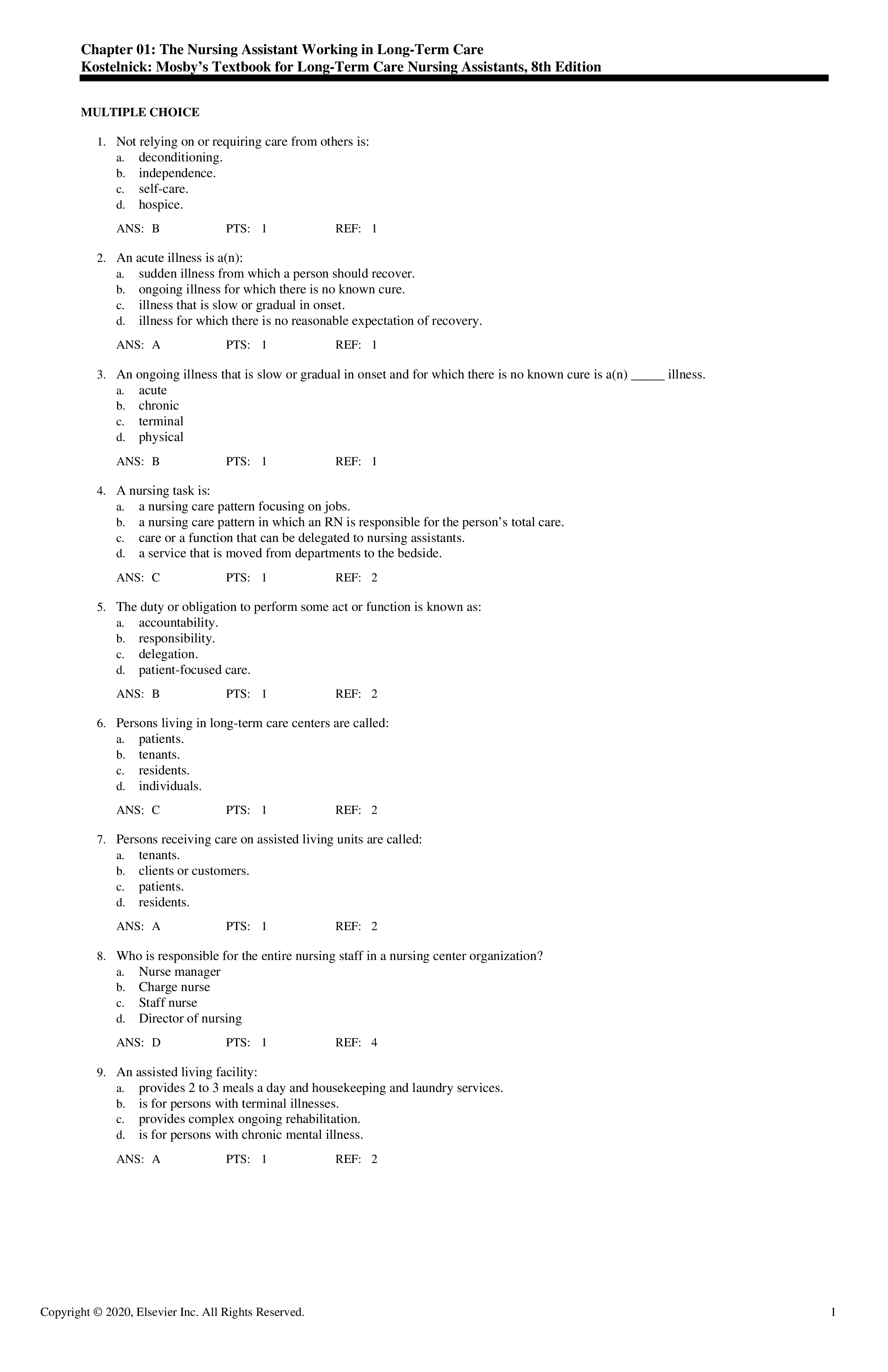 Test Bank for Long Term Care Nursing Assistants 8th Edition by Kostelnick