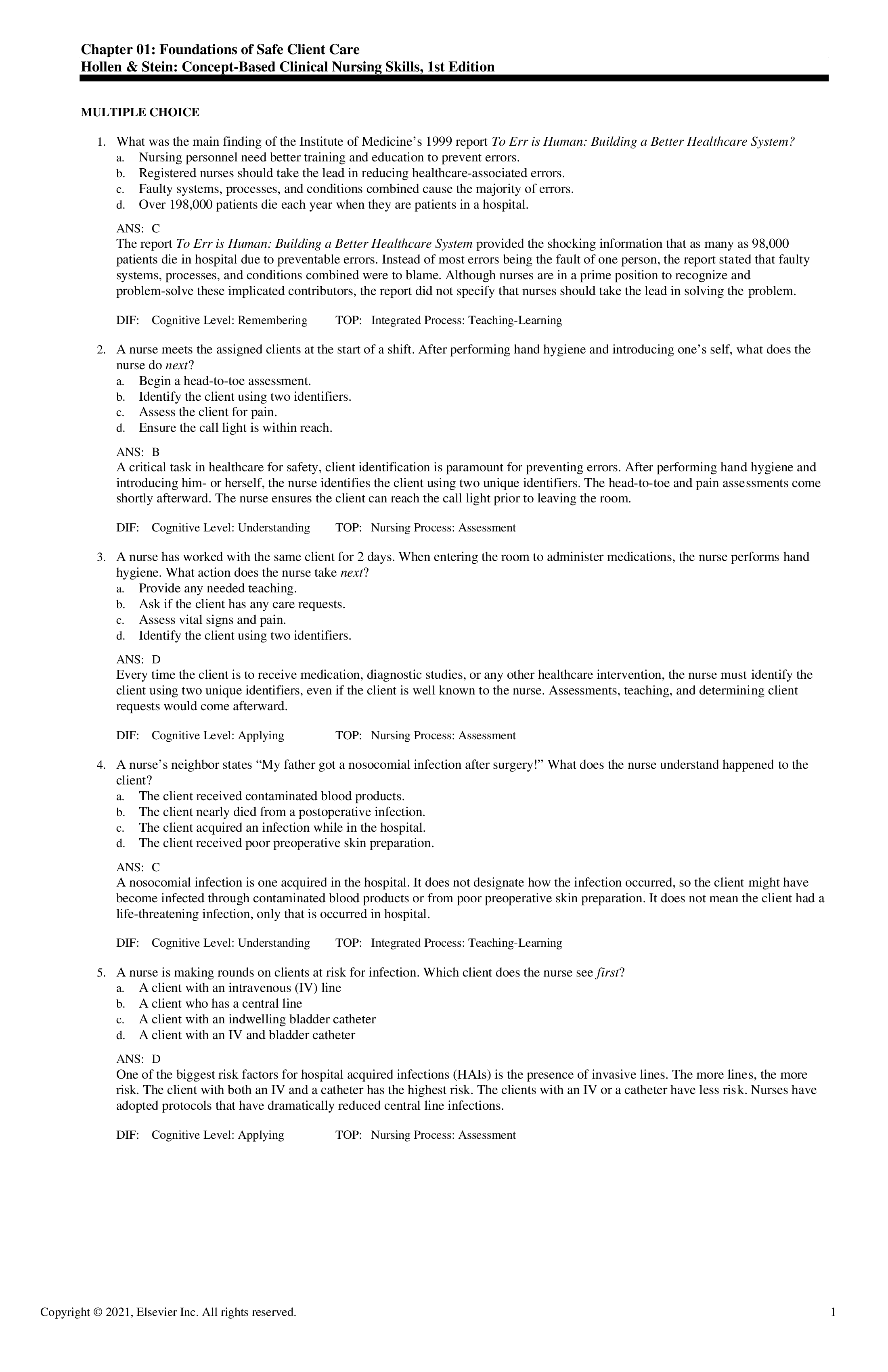 Test Bank for Concept Based Clinical Nursing Skills 1st Edition by Stein