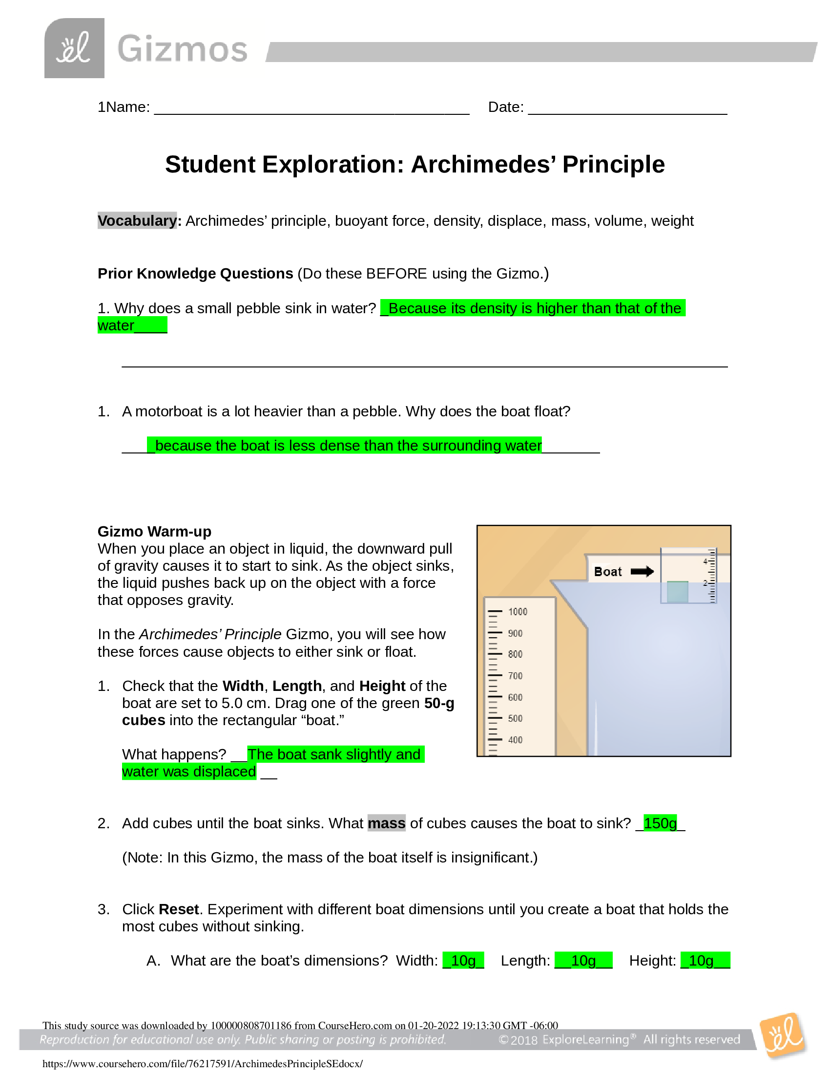 GIZMOs, Archimedes’ Principle - Answer Key