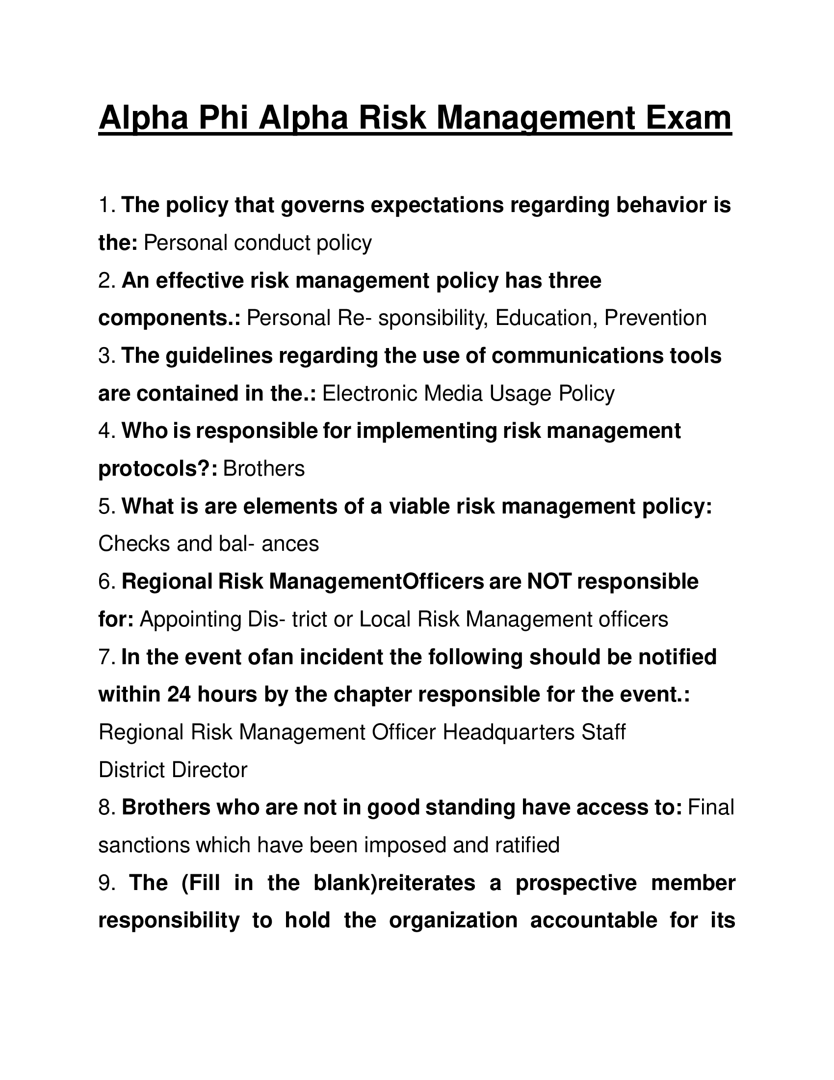 Alpha Phi Alpha Risk Management Exam