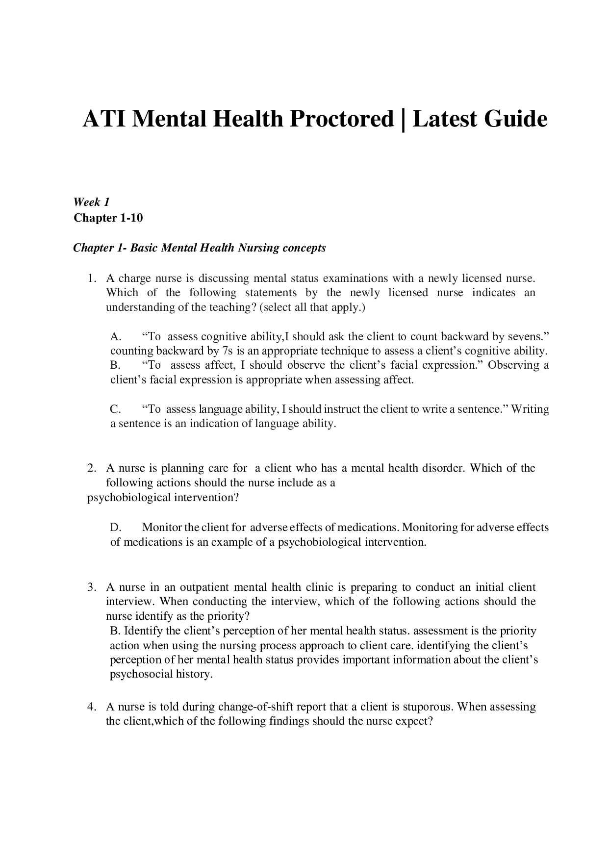 ATI Mental Health Proctored Exam Guide 2026 | Chapters 1-10 | Level 3 Verified