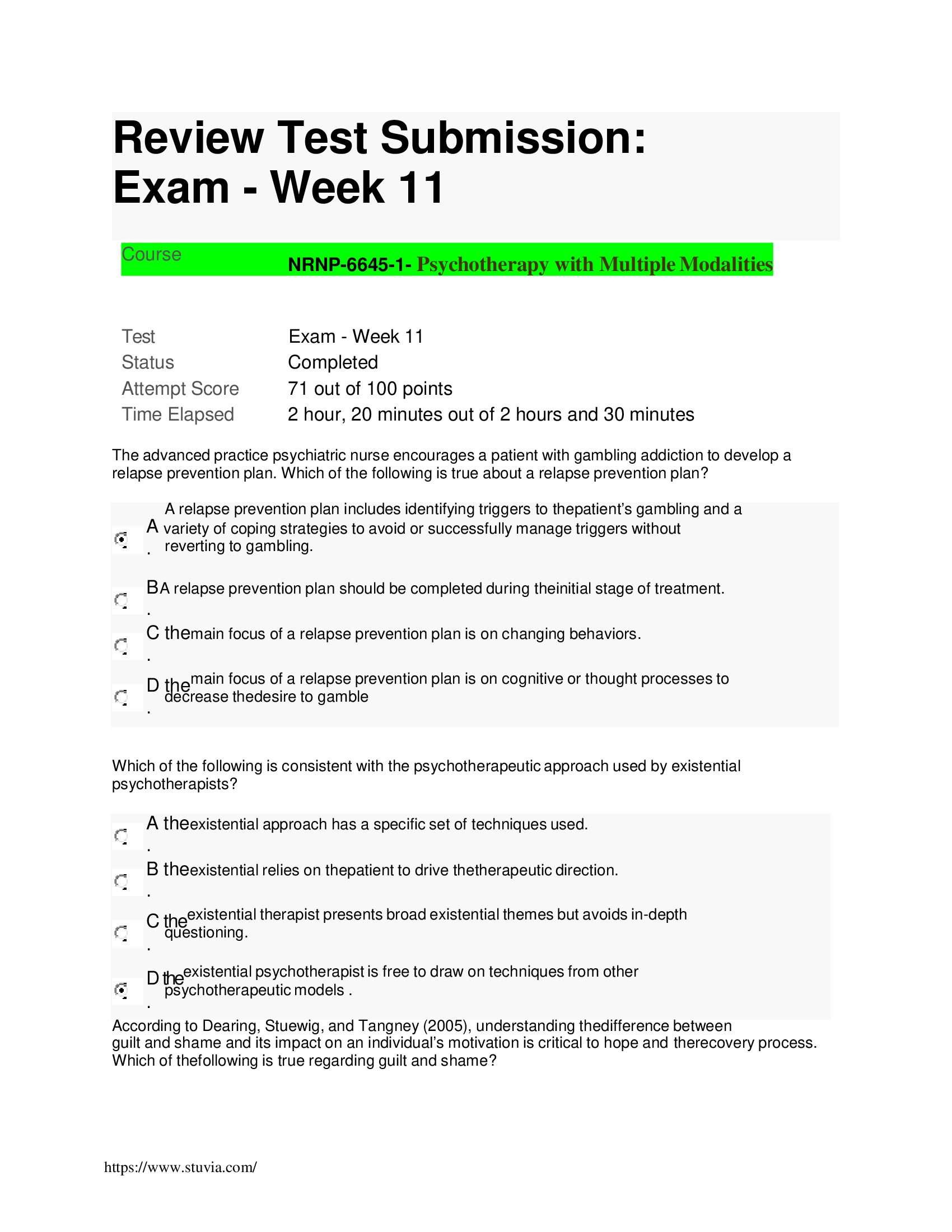 NRNP 6645 Psychotherapy  Final Exam 2023  Review Test Submission Exam - Week 11