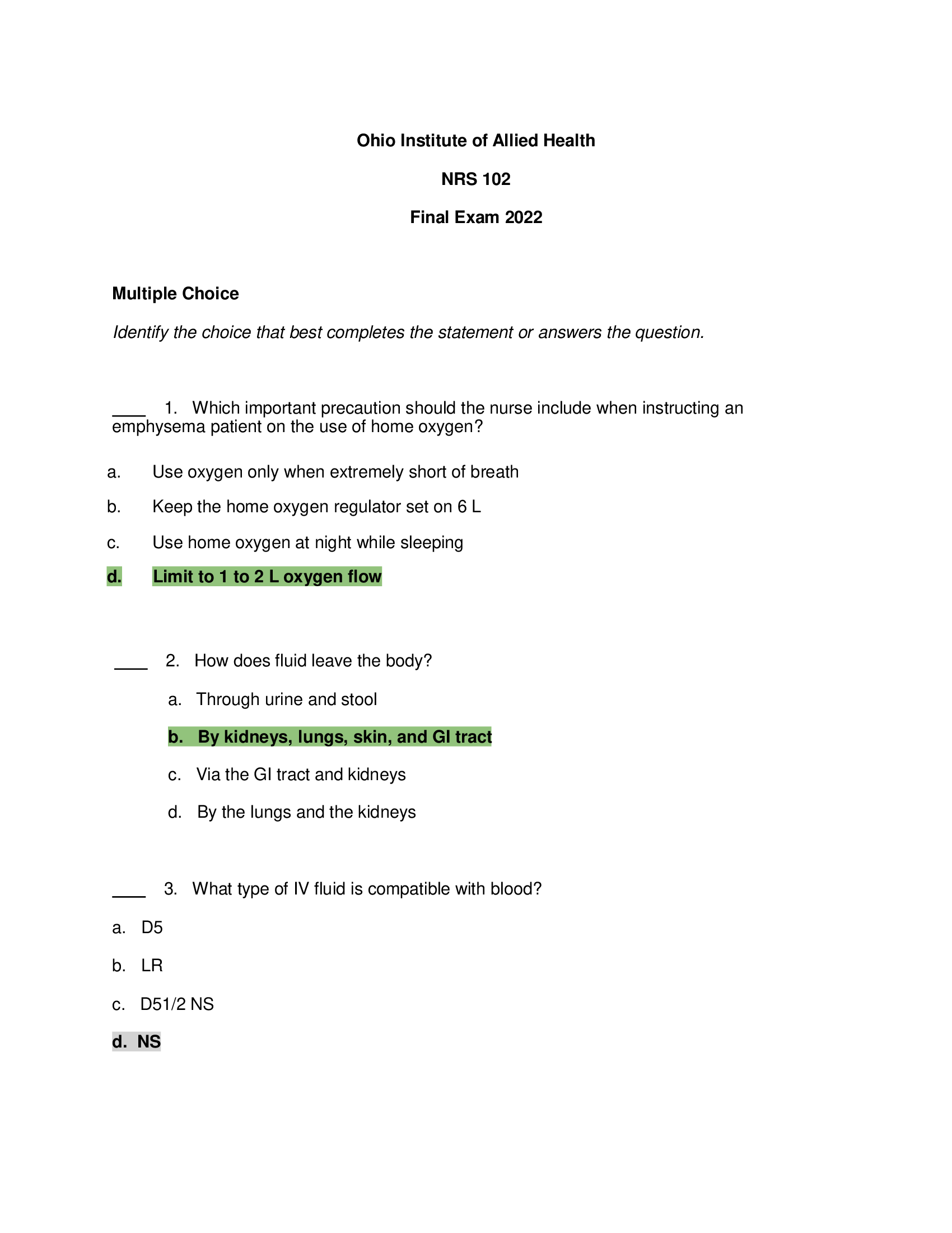 NRS 102 Integrative Nursing Final Exam 2022
