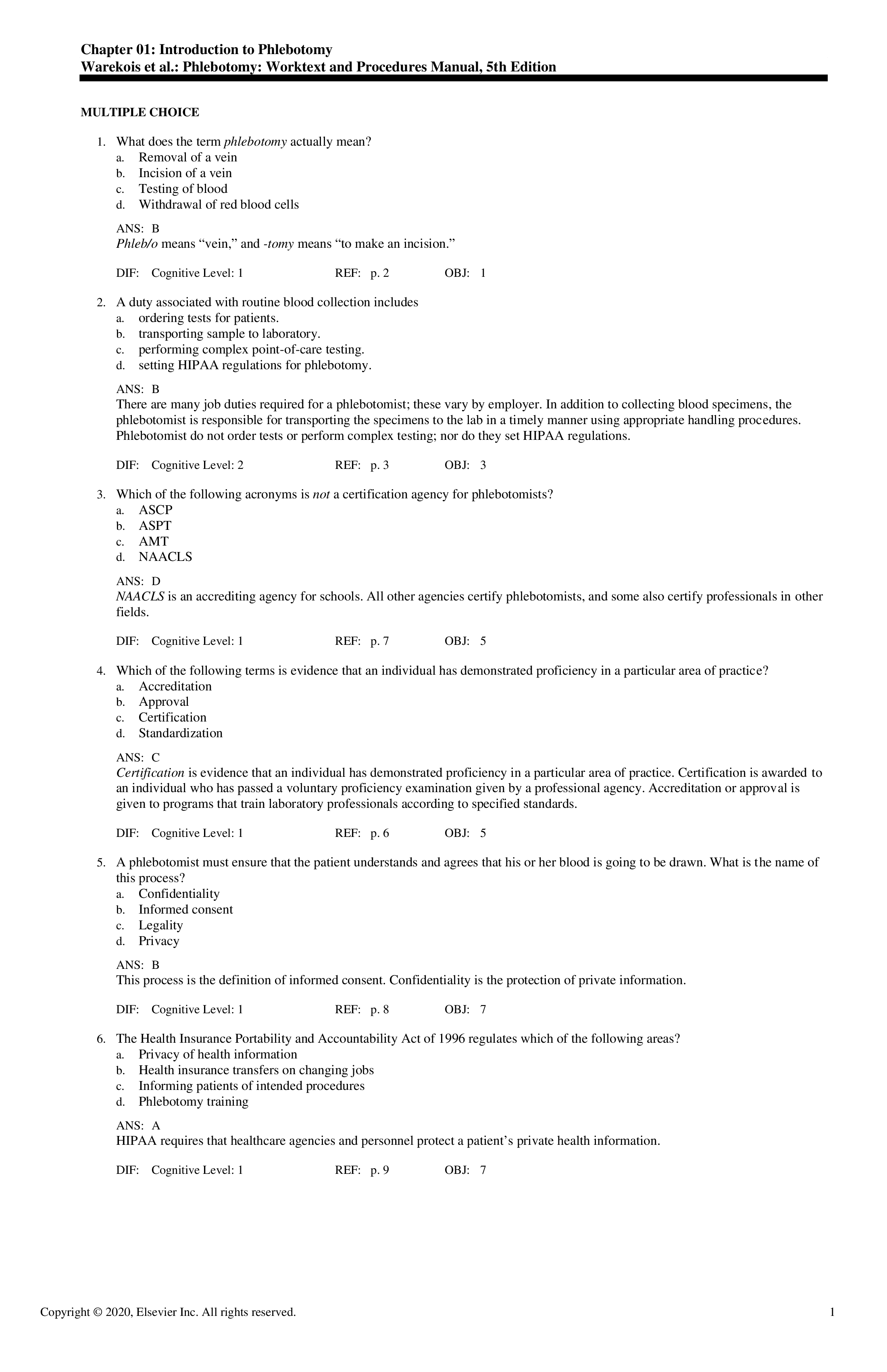Test Bank for Phlebotomy 5th Edition by Warekois